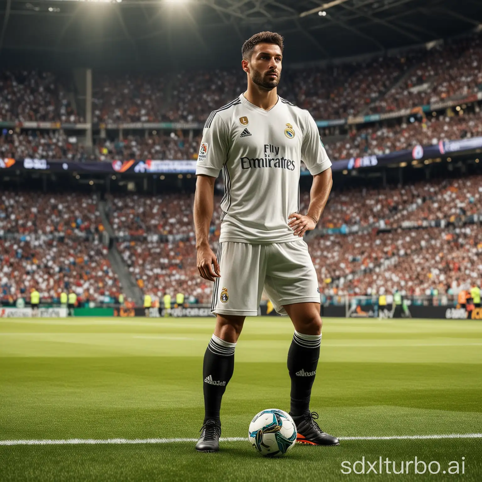 Realistic 4D of 30 - year-old Italian man, brown skin, wearing "Real Madrid" Jersey, short Hair, black shocks, adidas football boots, holding ball, football stadium background, 8k resolution, oil painting