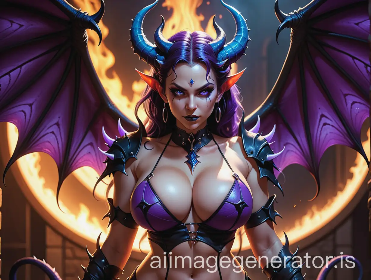 centered ((full body shot)) of an ultra detailed beautiful female demonic succubus, sinister, leather spike, string top, curvy, powerful features, looking away from the camera, malevolent expression, intricate, perfect human face, hell scape setting, purple blue fire everywhere, super highly detailed, smooth, sharp focus, no blur, no dof, extreme illustration, unreal, (alberto seveso art), very large breast, huge breast, blue, purple