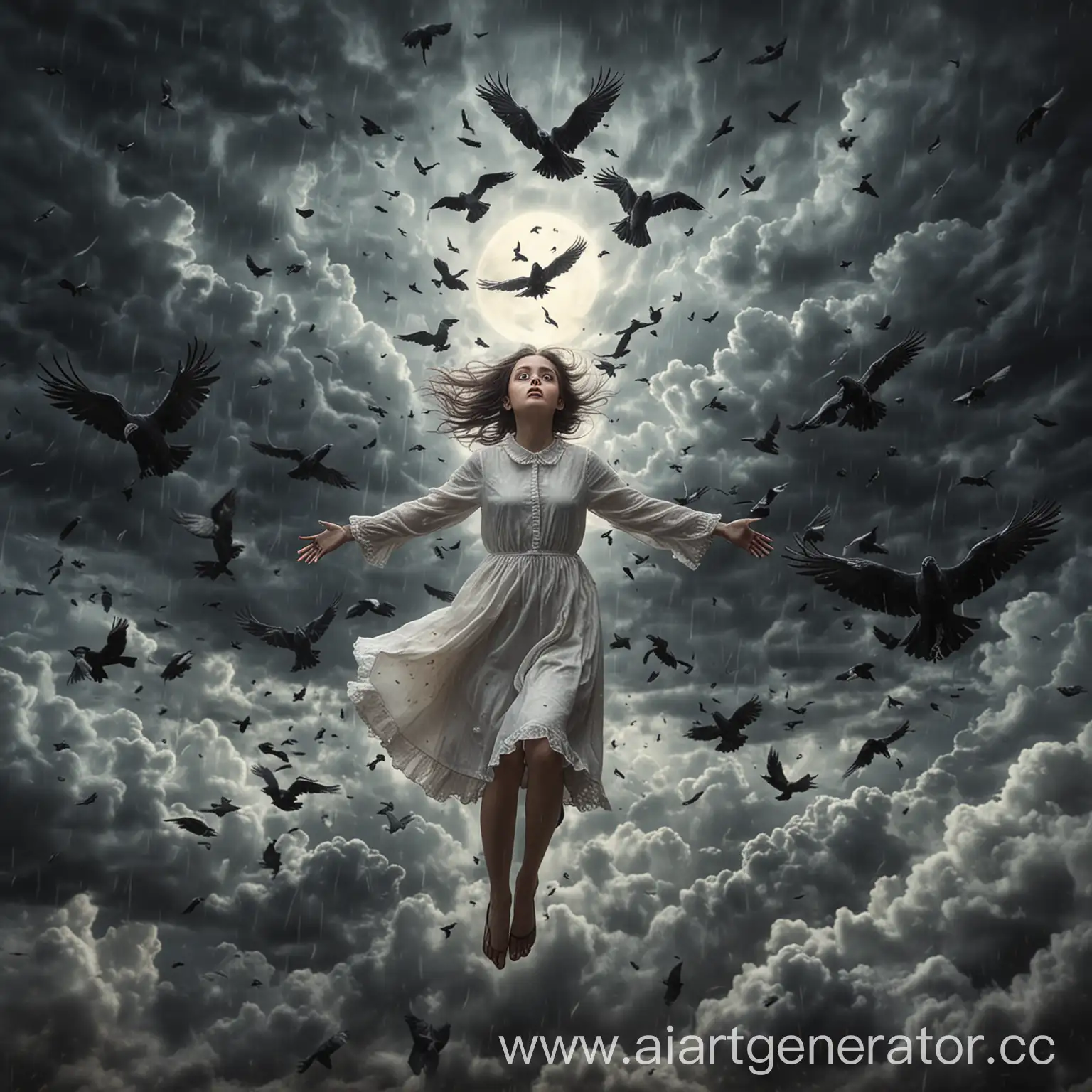 Ghost-Girl-Flying-Among-Crows-in-Stormy-Clouds