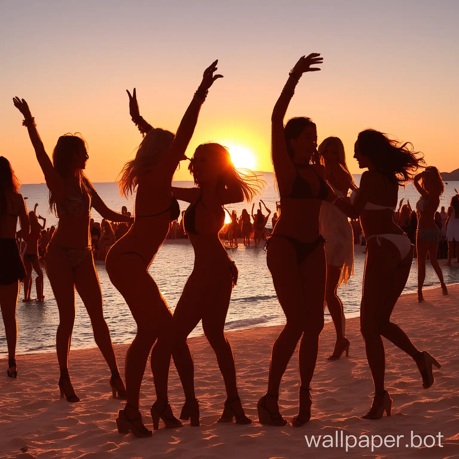 A sunset Ibiza beach party, beautiful girls dancing with a party atmosphere plus big sunset in the background