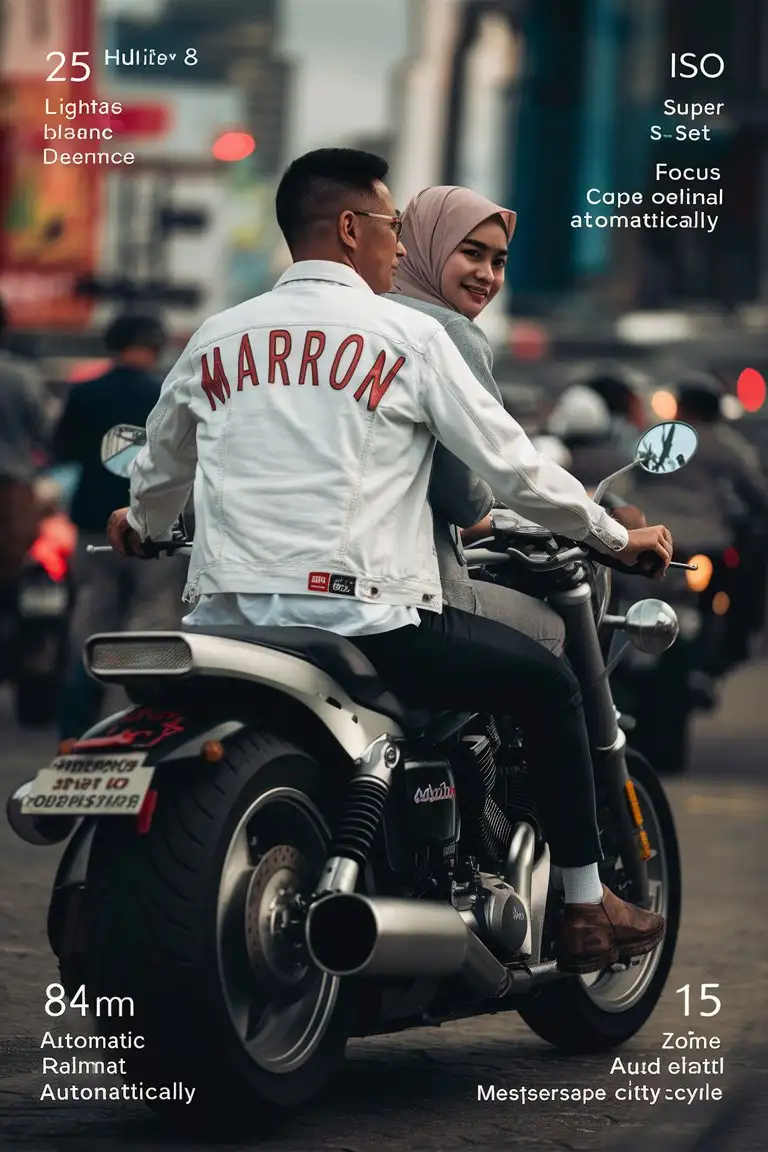 pasangan indonesia suami dan istri ( berhijab ) berumur 25 tahun mengenakan jaket denim putih bertulisan 'MARRON', sepatu kets putih, mengendarai motor besar,latar belakang perkotaan, foto-realistis berkualitas tinggi. Diameter lensa: 84 mm Format gambar: RAW, Pencahayaan: Pencahayaan lembut, Keseimbangan putih: Otomatis (WB otomatis), Fokus: Super fokus, Eksposur: Otomatis (ISO otomatis), Apertur: Foto Asli (untuk detail maksimal), Zoom keluar (untuk optik zoom yang bagus) Depth of Field: Masterpiece (untuk menciptakan kedalaman bidang dan detail fokus).