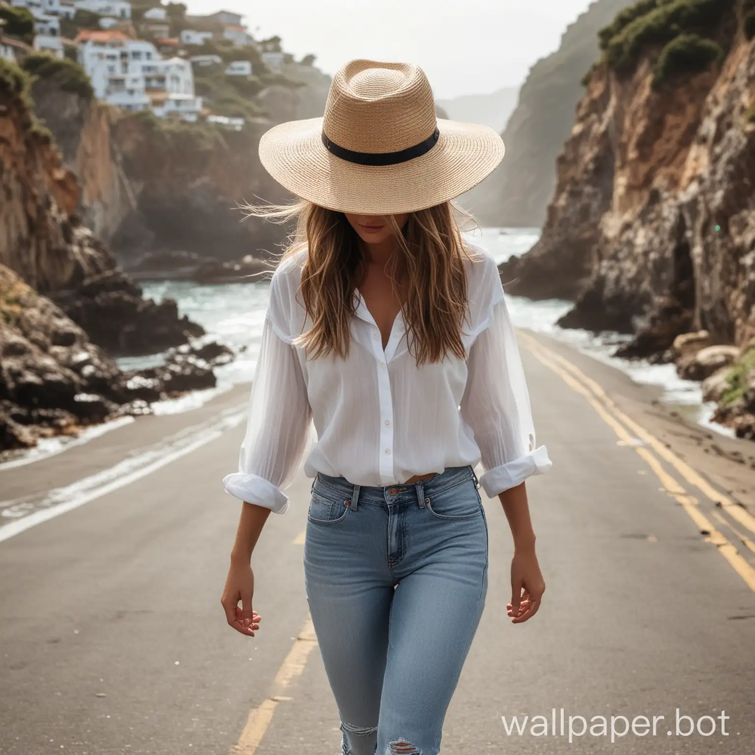 Girl with wide rim mesh hat wearing a white shirt and faded short jeans walking down a small street overlooking a seaside cove on a windy day