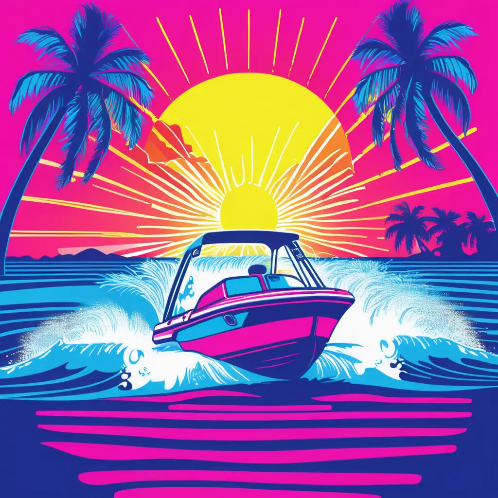 Create a vibrant and fun graphic design for screen printing. The design should feature a detailed pontoon boat sailing on dynamic, wavy waters. Use bright, neon colors such as hot pink, electric blue, lime green, and neon yellow to make the design pop. Include playful elements like splashes of water, sun rays, and perhaps some tropical accents like palm trees or beach balls
