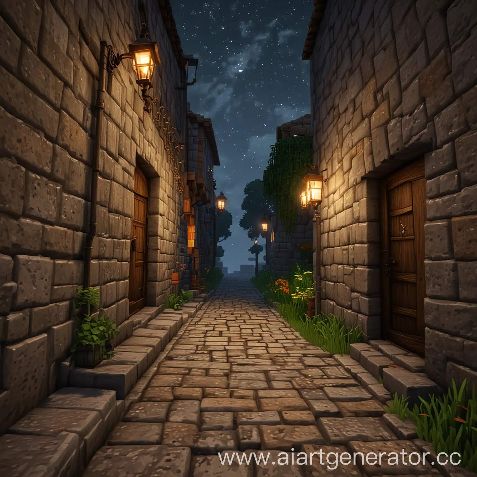 { "prompt": "A stone alley in the style of Minecraft with a single lamp burning. The alley is made of various stone blocks, with a cobblestone path running through it. The walls on either side are tall and blocky, typical of Minecraft's pixelated aesthetic. The only source of light is a lone lamp hanging from a stone wall, casting a warm, flickering glow on the cobblestone below. There is also a wooden door in the alley, from which a bright light is spilling out, illuminating part of the cobblestone path. The sky above is dark, indicating nighttime, and the overall scene is serene and quiet, capturing the essence of a Minecraft world at night.", "size": "2560x423" }