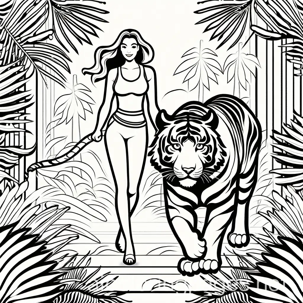 A female temptress walking with a large tiger through the jungle - lineart, Coloring Page, black and white, line art, white background, Simplicity, Ample White Space. The background of the coloring page is plain white to make it easy for young children to color within the lines. The outlines of all the subjects are easy to distinguish, making it simple for kids to color without too much difficulty
