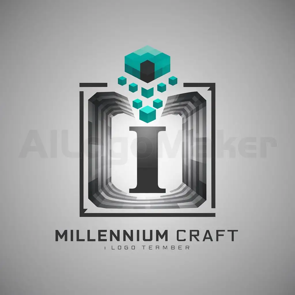 a logo design,with the text "Millennium Craft", main symbol:Styilized Roman numeral 'I' (representing '1' of '1000'), enclosed in a square creating an impression of 'limited space', as if 'confined' within a chamber. Above the numeral 'I' is the Minecraft symbol - a pixelated cube, which appears to 'grow' out of the square, symbolizing a 'new world'. Gray for the 'chamber', cyan for the cube (shades associated with technology and future).,Moderate,be used in Internet industry,clear background