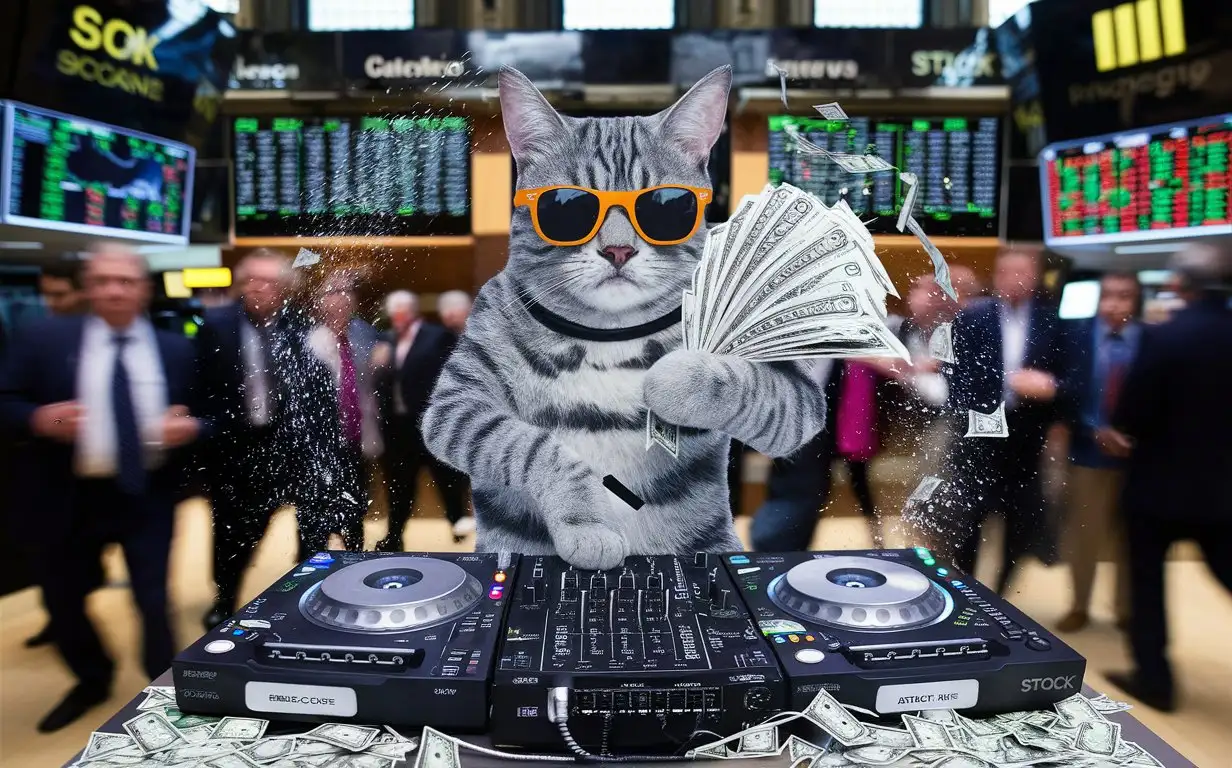 серый полосатый кот диджей в солнцезащитных очках на торгах биржи раздает деньги в стиле мема