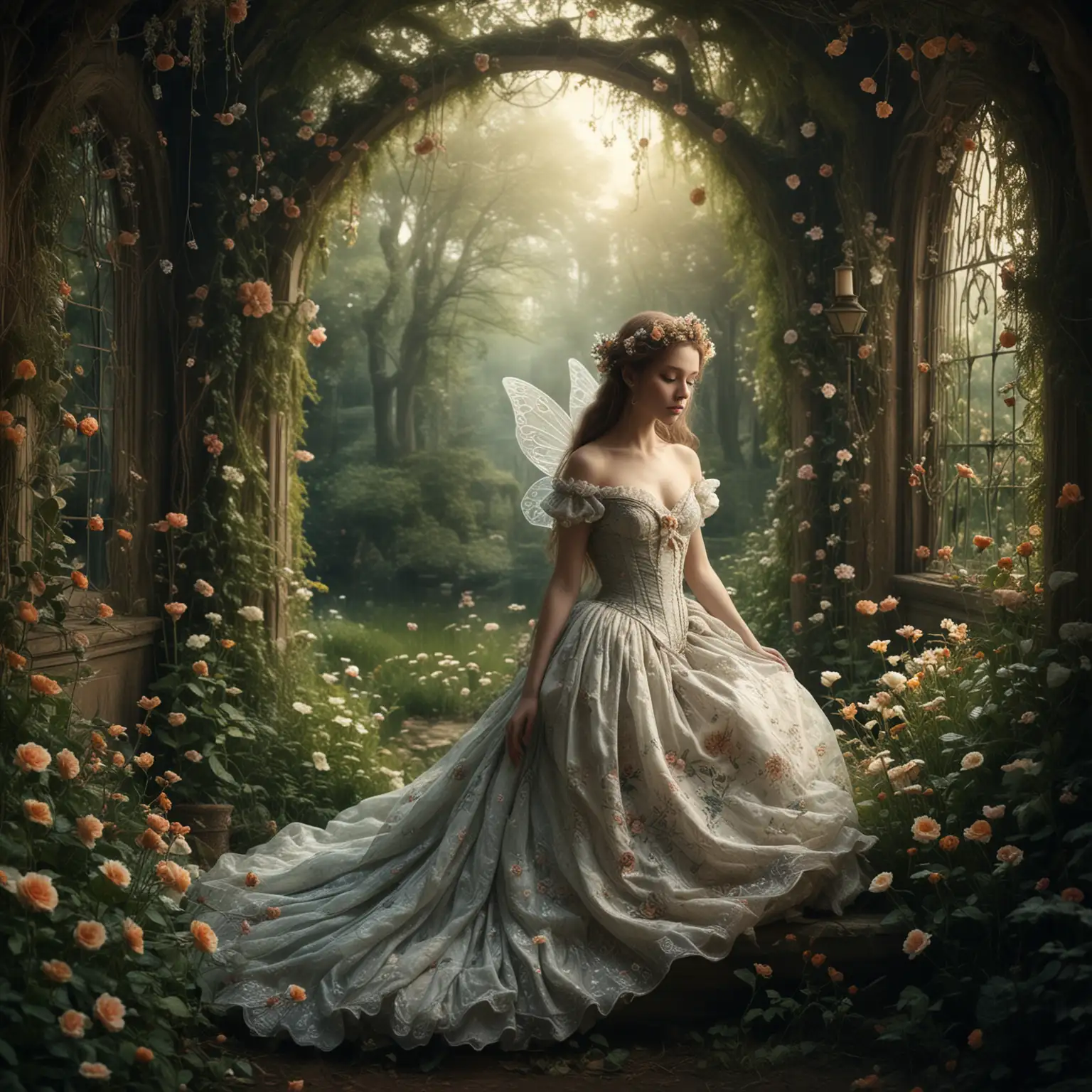 Enigmatic Victorian Fairy Tale with Mystical Female Figure and Ethereal Landscape