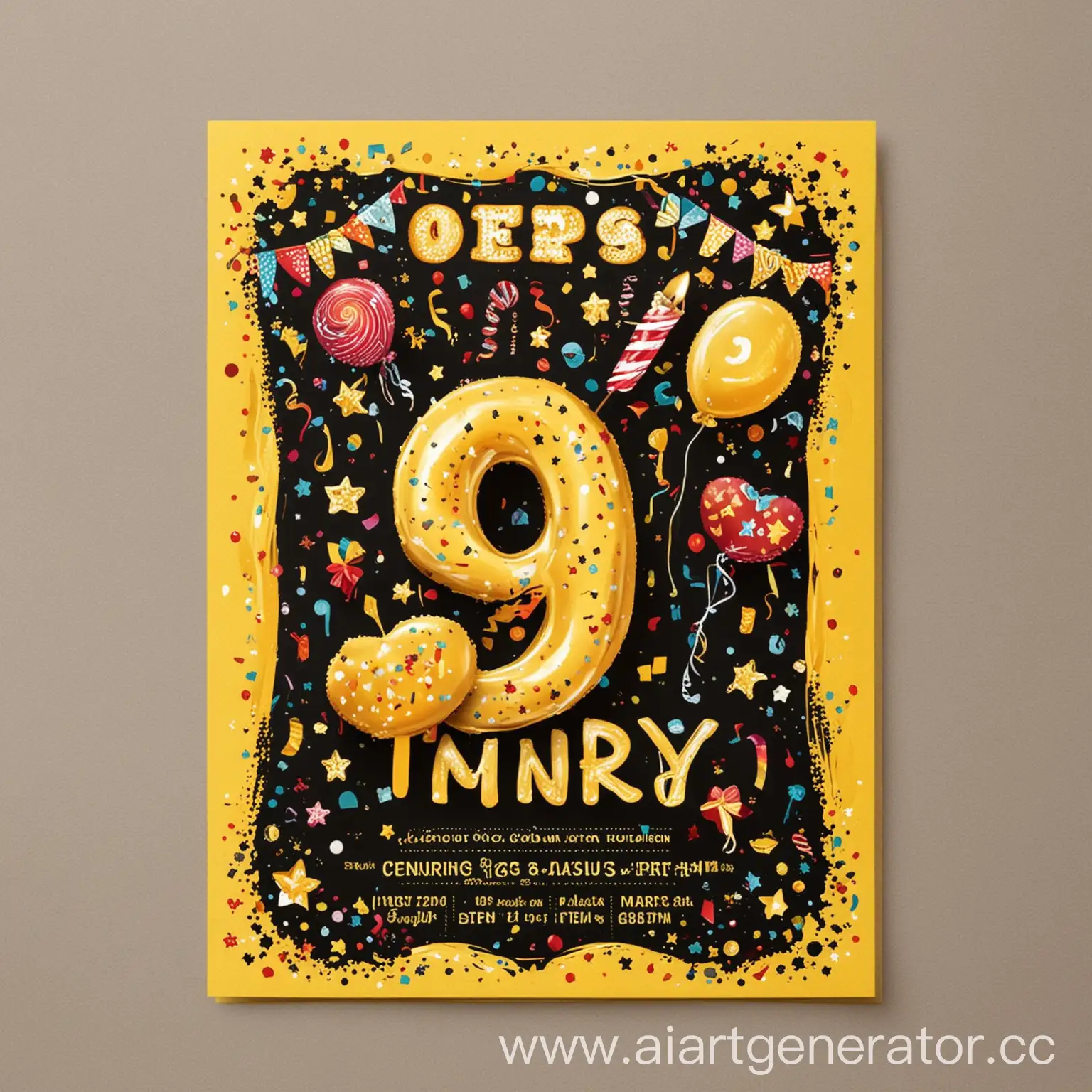 открытка на день рождения, 9 лет, жлтый цвет, праздник, радость