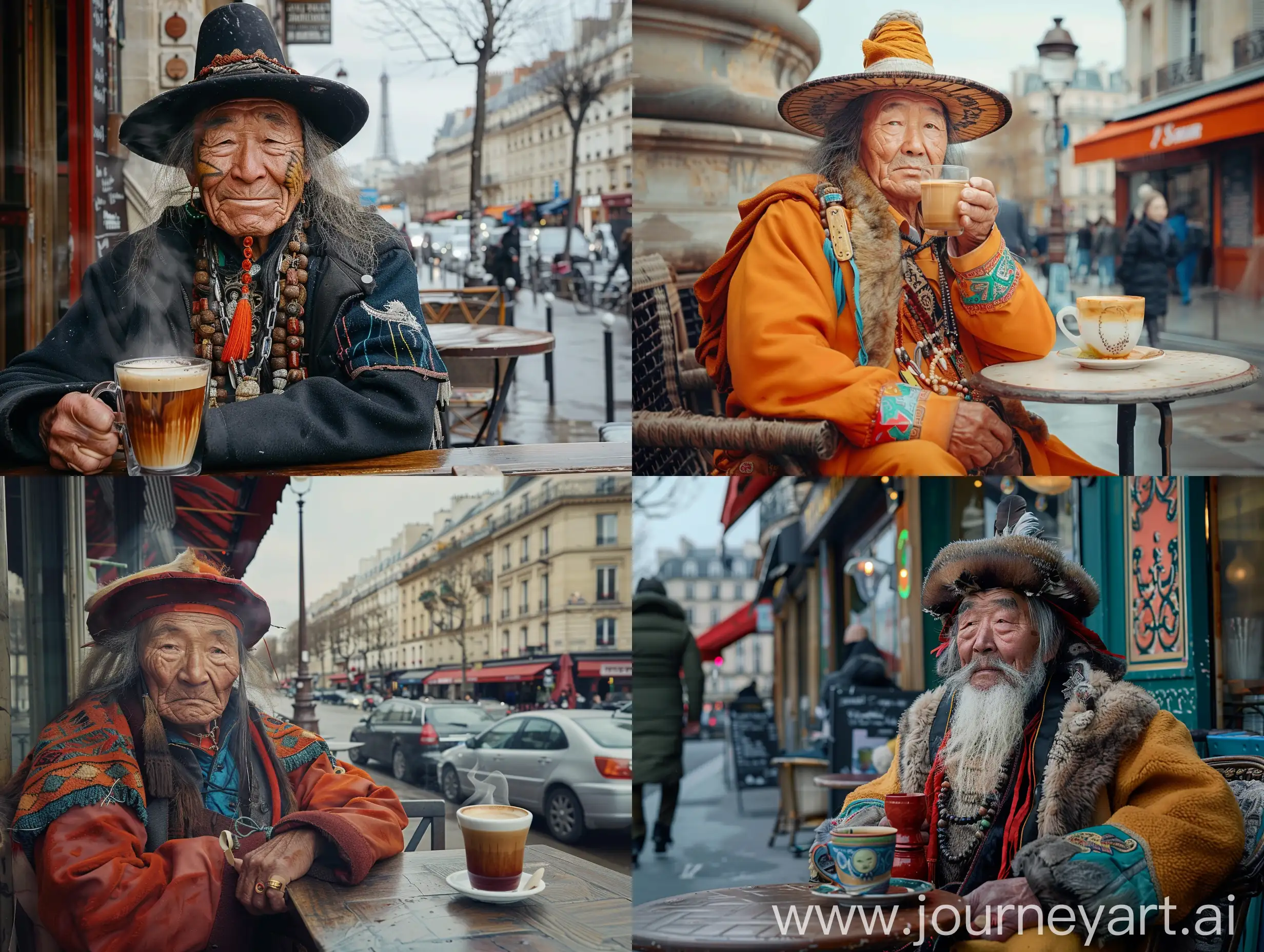 A mongolian shaman is visiting Paris, sitting on the terrace of a parisian cafeteria, drinking hot coffee and enjoying a good morning, a prize-winning photo