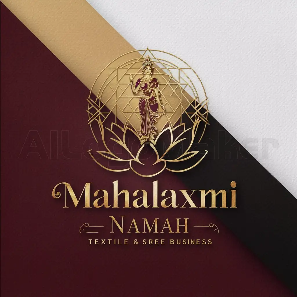 a logo design,with the text "Mahalaxmi Namah", main symbol:Create a logo for "Mahalaxmi Namah," a textile and saree business, reflecting luxury and tradition. The main icon should feature the goddess Mahalaxmi standing gracefully above a lotus, with 'Mahalaxmi' written on it. Ensure that the feet and foot of goddess Laxmi are visible. Surround the lotus with a fully visible Shri Yantra in a lighter shade of maroon, ensuring it's not obscured by the figure of Mata Laxmi. Utilize a color scheme of gold, black gold, and similar rich tones to convey opulence against a background of gold and white. The logo should exude sophistication and be suitable for a brand in the textile and saree industry. Be creative while maintaining a sense of tradition and luxury.,Moderate,clear background