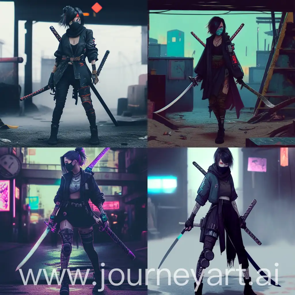image in the style of the post-apocalypse. a girl with a katana in her hands. comfortable clothes, with straps, dark but interesting colors. tattoo on the arm. platform boots.