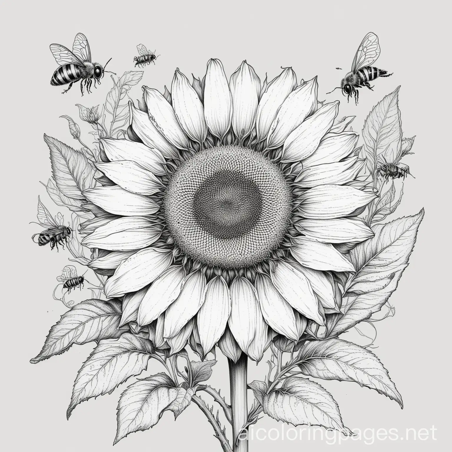 sunflower and bees, Coloring Page, black and white, line art, white background, Simplicity, Ample White Space. The background of the coloring page is plain white to make it easy for young children to color within the lines. The outlines of all the subjects are easy to distinguish, making it simple for kids to color without too much difficulty