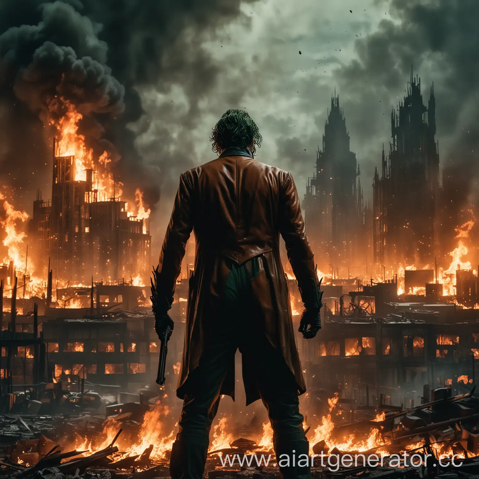 Джокер стоит спиной  к горящему городу