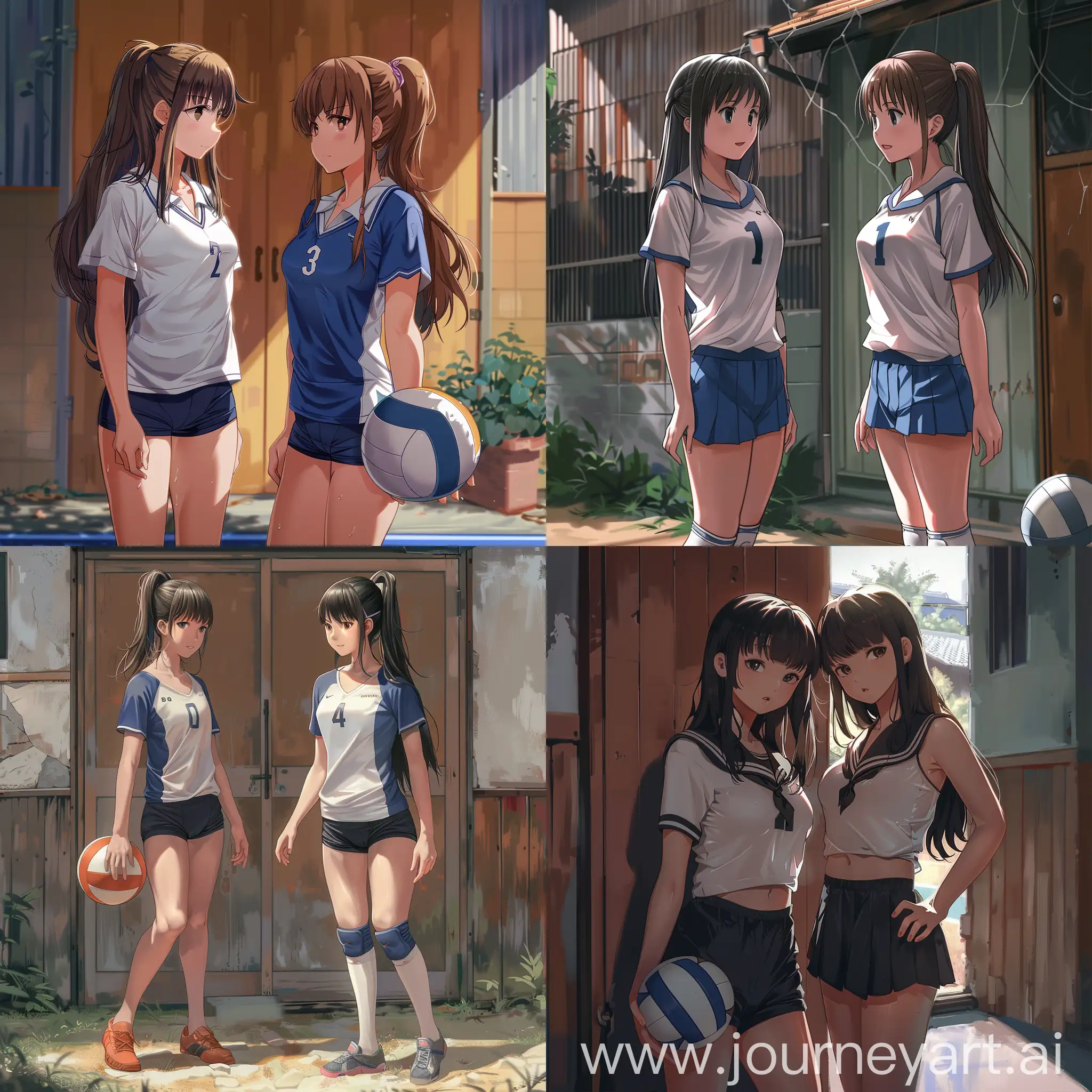 japan girl, (2 girls:1.5), beautiful girls, 20year old), (beautiful face), (((2m taller))), (((verytallgirl))), (female volleyball:), realitic picture, and beautiful girls, 20year, normal height, (school uniform:1.38), ((heights different)), stand side by side, background small brown door, (full body:1.37), textured skin, high details, super detail, 8k, highres, best quality, masterpiece