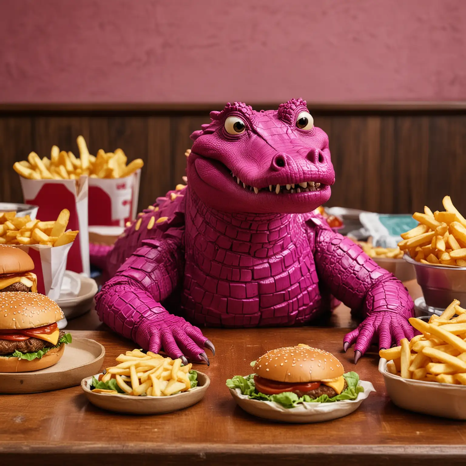 A magenta crocodile sitting at a table. The table is full of hamburgers and fries