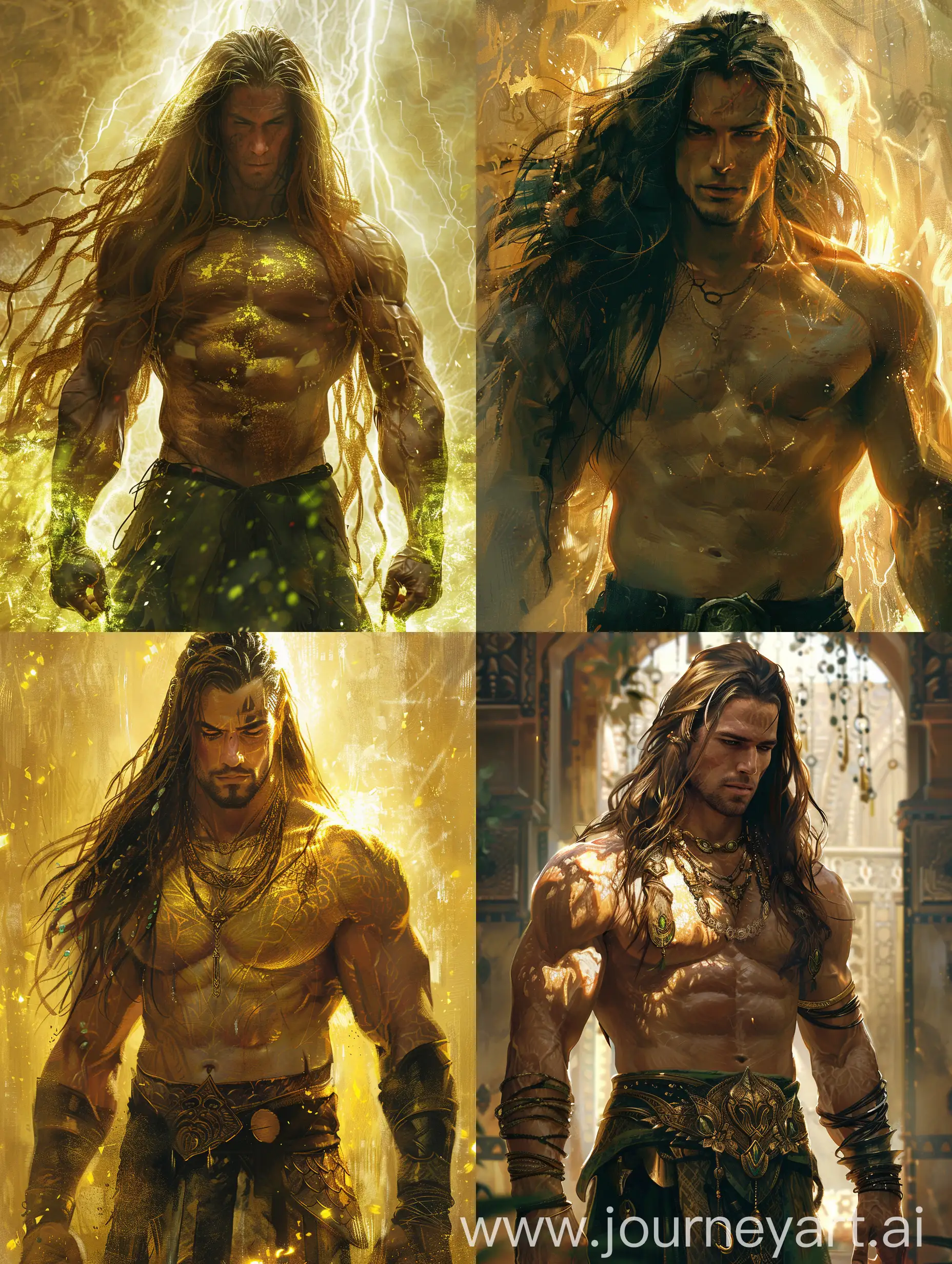 Subject: a god of gods; skin Purer than gold, long hair, muscular, emanates power that can rewrite infinities. 

Style/coloring: extremely realistic painted realism, detailed digital painting concept art, detailed paiting by gaston bussiere, craig mullins A mystical, dreamlike portrait in a cinematic style, Ed Emsh, Virgil Finlay, Norman Saunders, Hubert Rogers, Earle Bergey, Kelly Freas --upbeta --s 250
