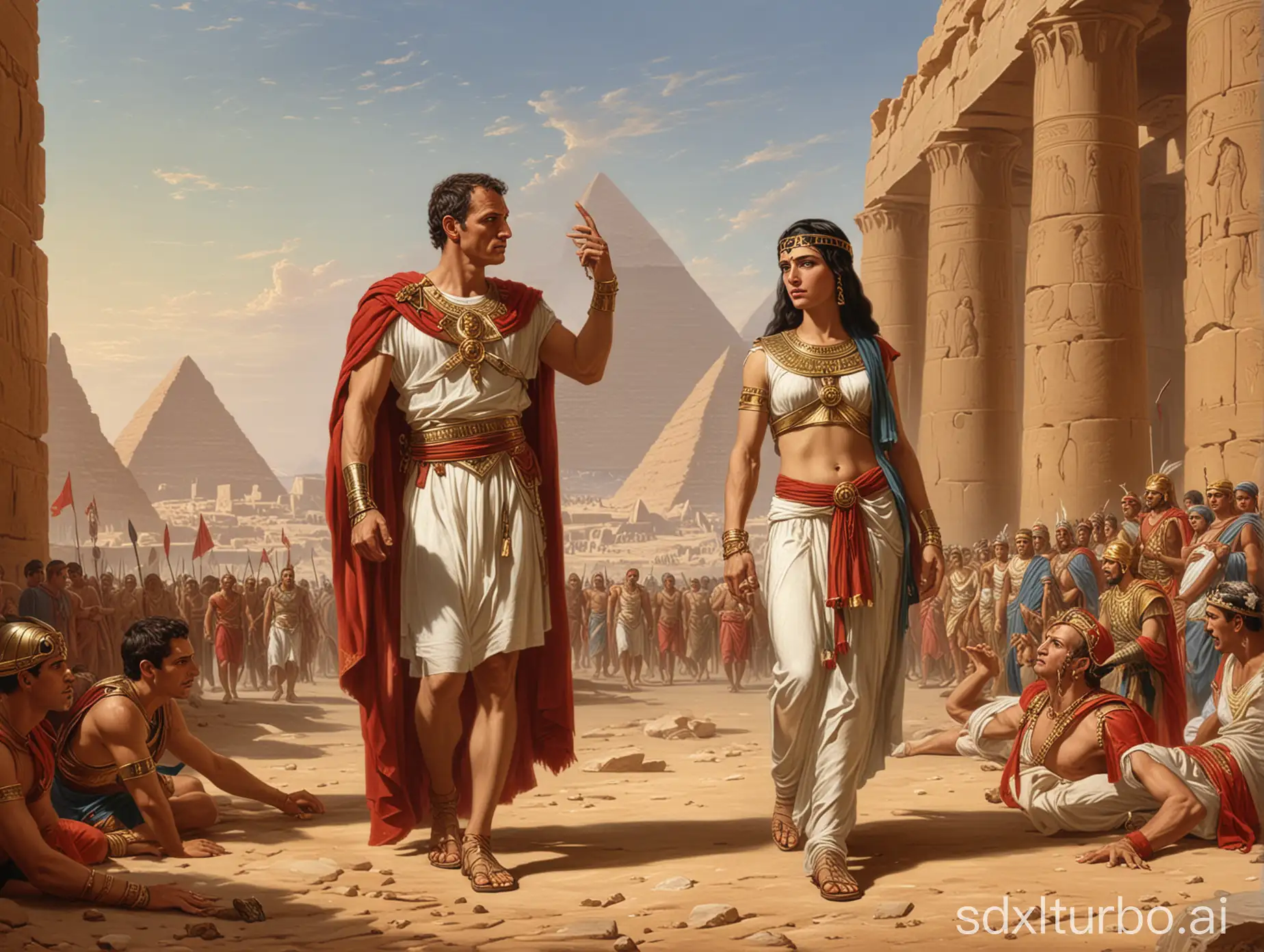 Julius Caesar with Cleopatra under the pyramids