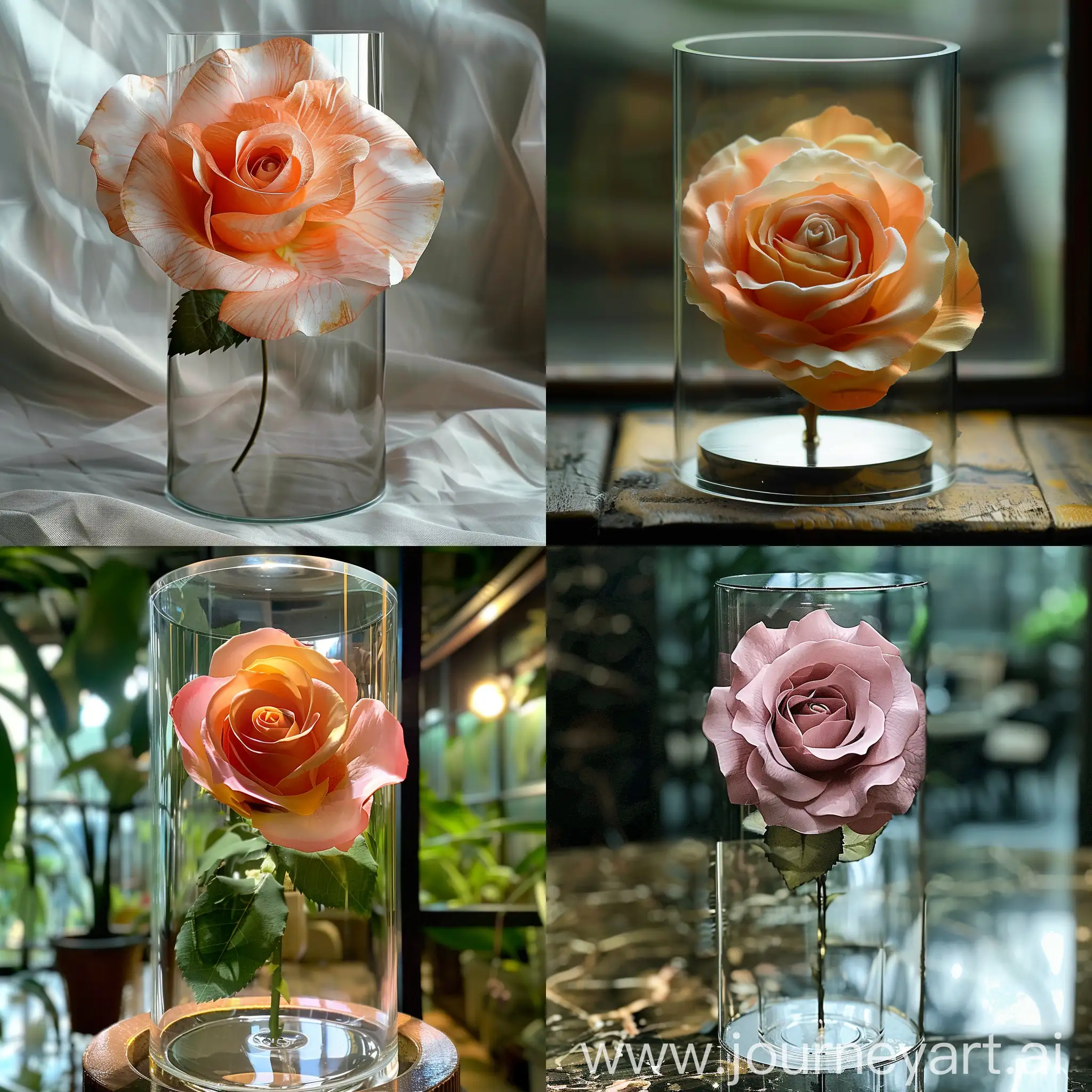 (real photo of a very beautiful and delicate flower) which is inside a cylindrical glass box, a rose, a masterpiece, beautiful, eye-catching, in a royal house, very beautiful, royal, royal, cylindrical glass flower