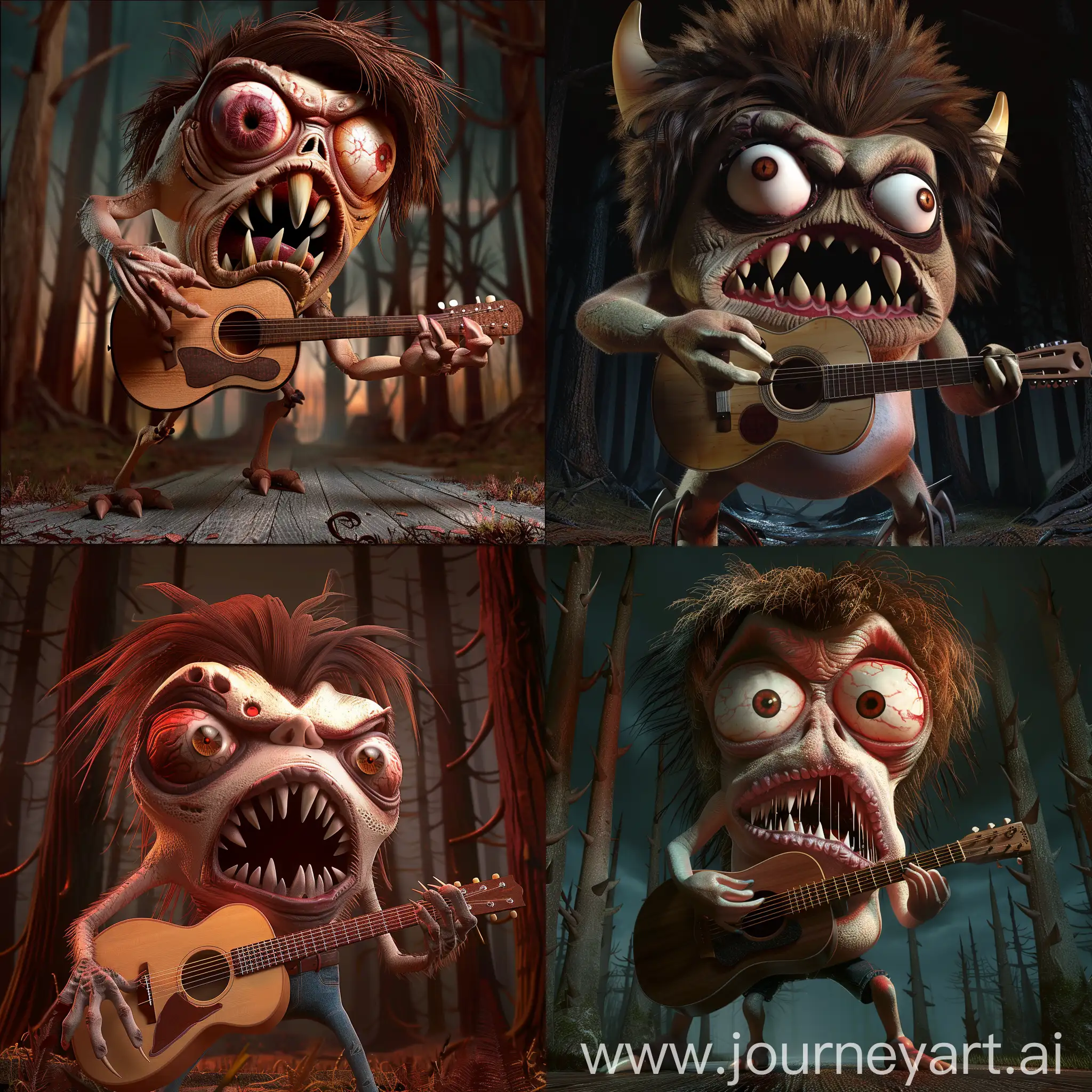 Straight on:1.5 Generate scary Mapinguari images in 3D, with a dark forest in the background. He has one eye only. In his hands, he plays a acoustic guitar. His mouth is open. Mapinguari's cyclops eye should have a red background and brown hair. His teeth are sharp and there is an angry expression on his face. Its body is gigantic, with broad shoulders and strong arms, with sharp claws on its hands. In his hands, Mapinguari holds a classical guitar.The legs are thinner and shorter.