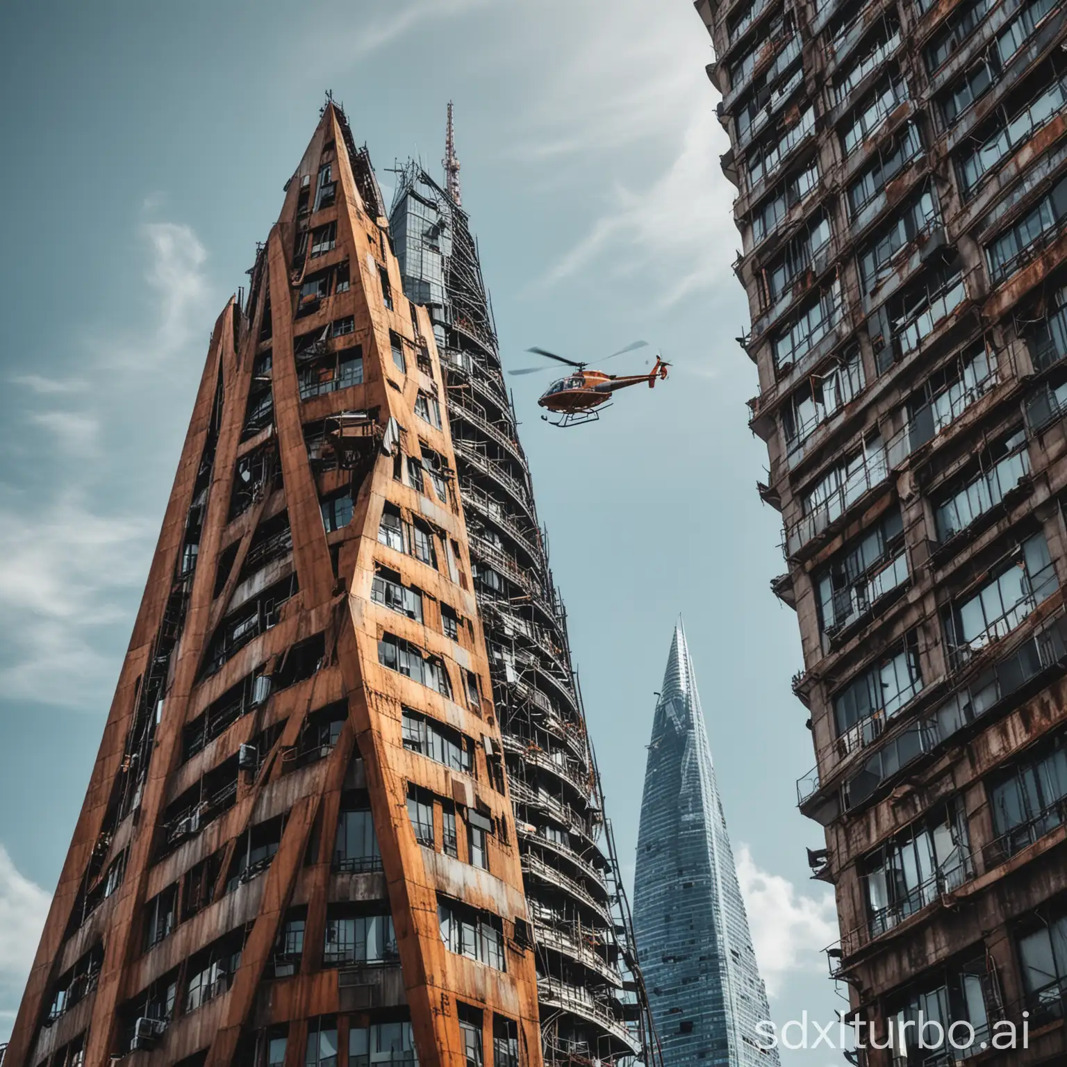 Rusted-Metal-Clad-Skyscraper-Helicopter-Landing-in-Urban-Cityscape