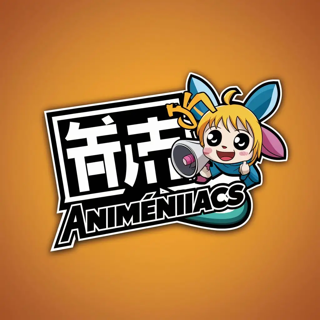 a logo design,with the text "Animéniacs", main symbol:The logo should include characters, Japanese kanji, and 'with' an anime mascot preferred color bold,Moderate,clear background