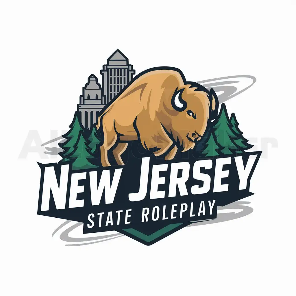 a logo design,with the text "New Jersey State Roleplay", main symbol:t must write New Jersey State Roleplay on the logo and it must be animated as it's for a Fivem GTA RP Server. New Jersey State including bison, buildings and tress and it must contain New Jersey State Roleplay written on it but don't make it say FiveM GTA RP Server.,Moderate,be used in Others industry,clear background