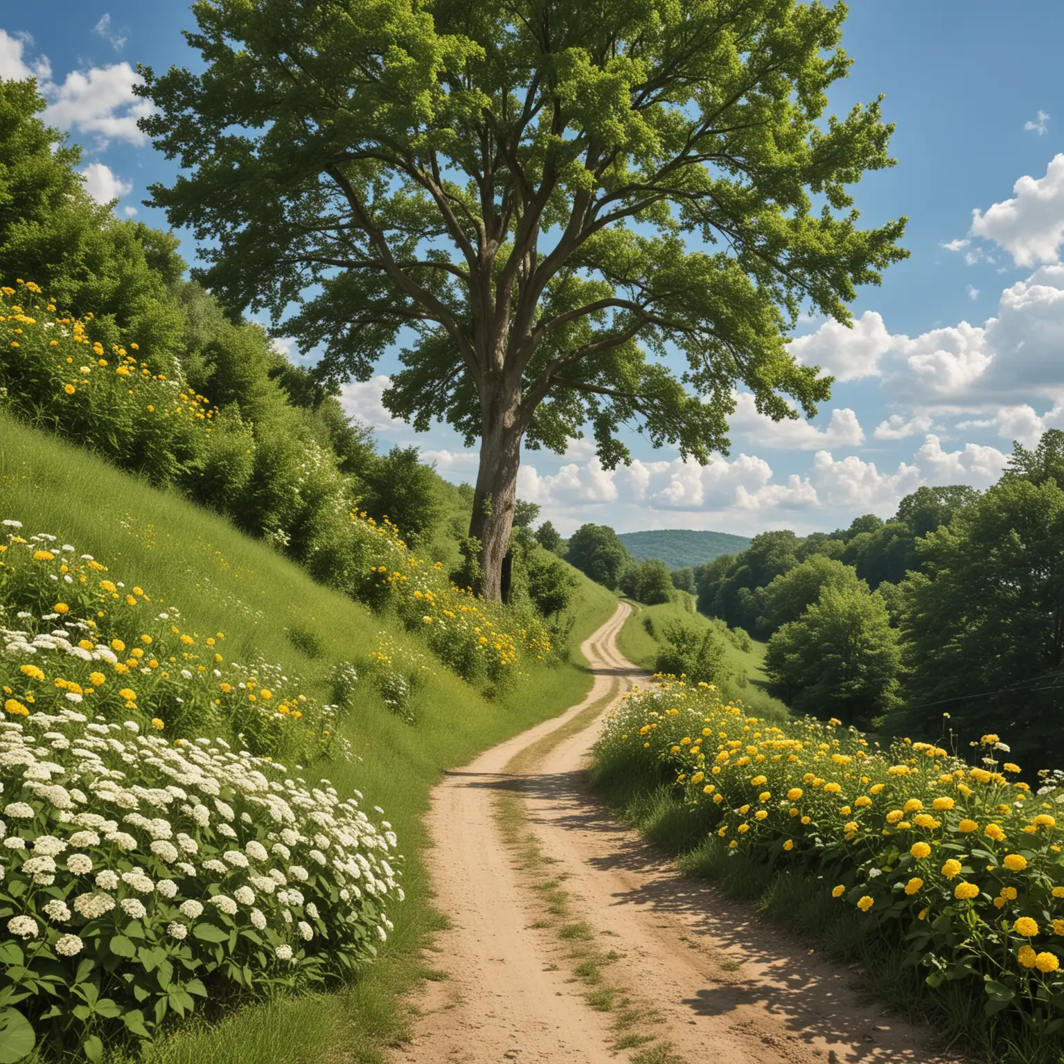 Rural Landscape with Dirt Road and Wildflowers under Blue Sky