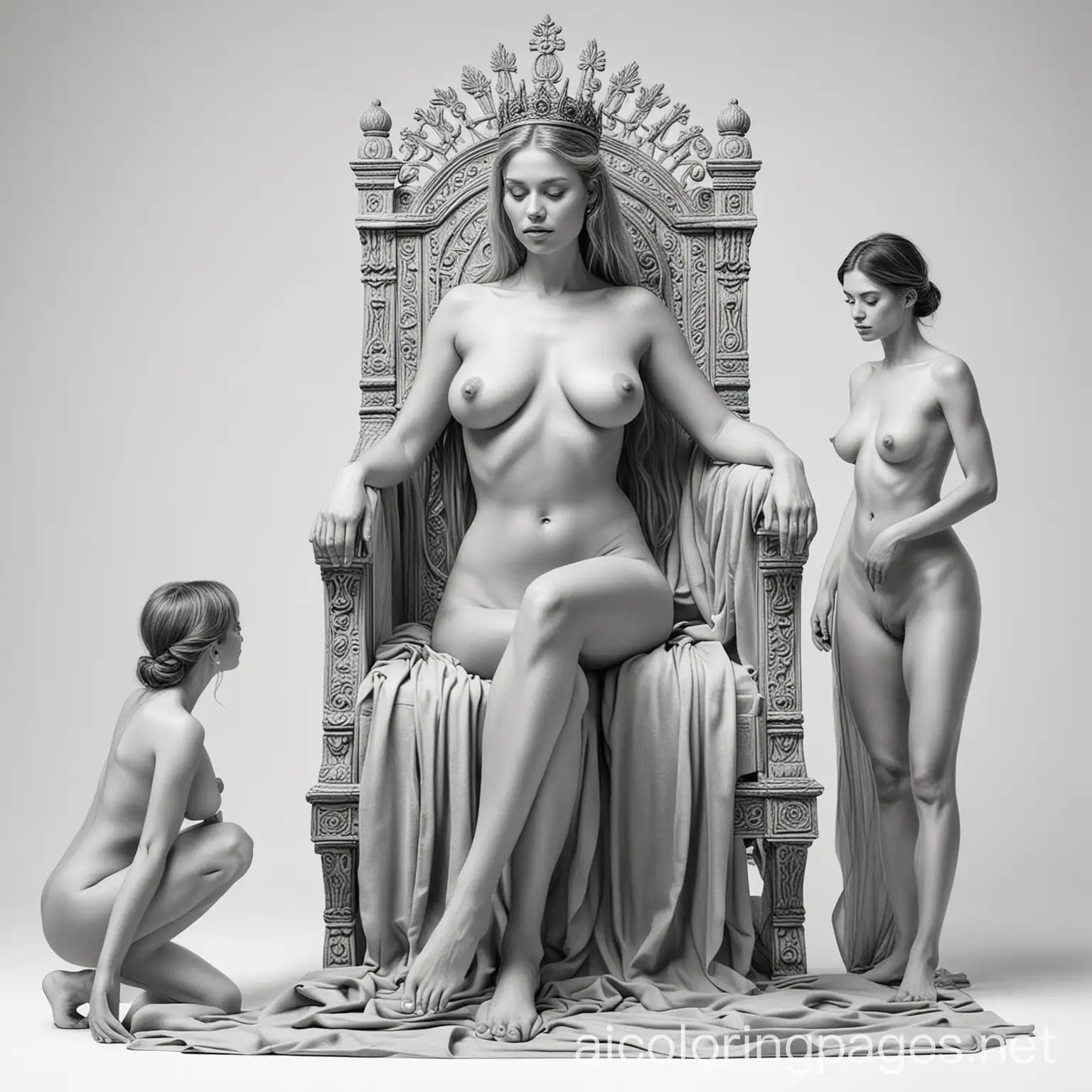 naked women begging at a throne with thick lines, Coloring Page, black and white, line art, white background, Simplicity, Ample White Space. The background of the coloring page is plain white to make it easy for young children to color within the lines. The outlines of all the subjects are easy to distinguish, making it simple for kids to color without too much difficulty