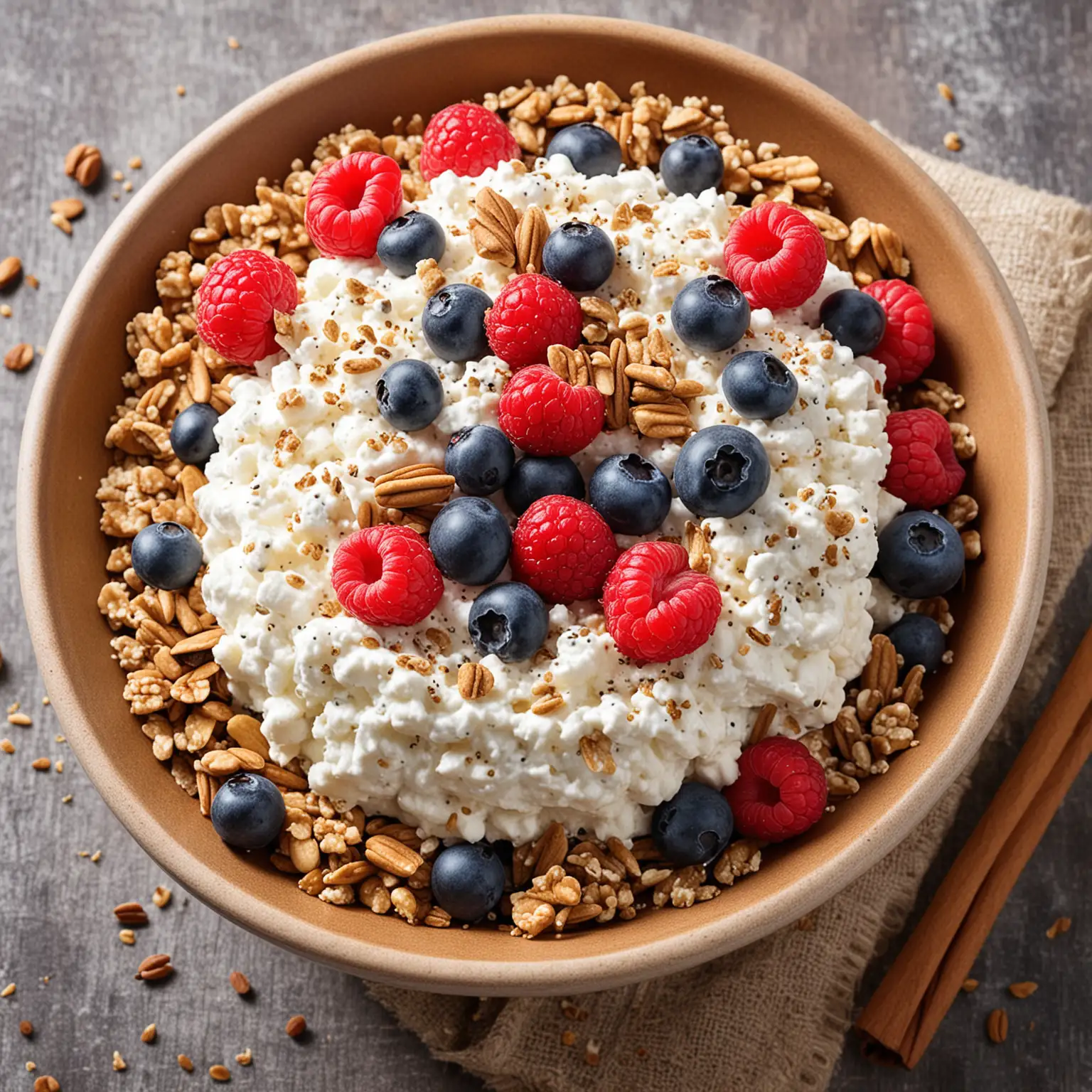 photo of delicious cottage cheese with flaxseeds, walnuts, fresh berries, and cinnamon
