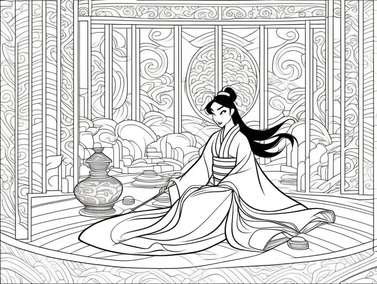 Relaxing Disney Mulan Coloring Page Clean Line Art Pattern