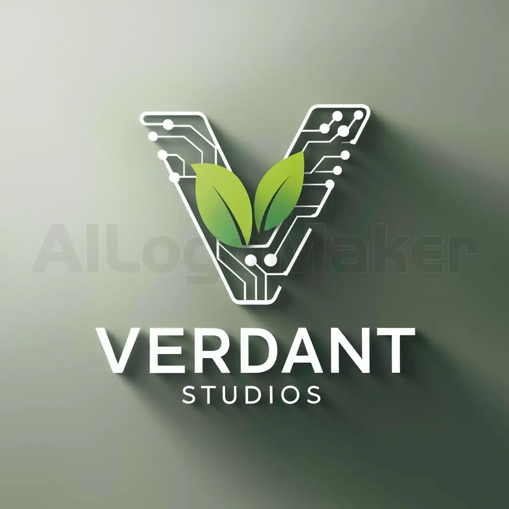 a logo design,with the text "Verdant Studios", main symbol:["the letter V","computer software","electronics","leaf"],Moderate,clear background