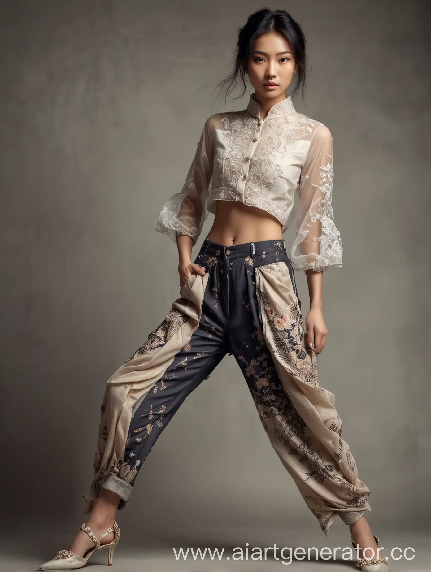 An Asian skinny model with beautiful face, posing dramatically , with trousers in Indian style. The structure of the material is crumpled paper and organza. Embroidery on sleeves and trousers with patterns. conceptual art, dark fantasy.