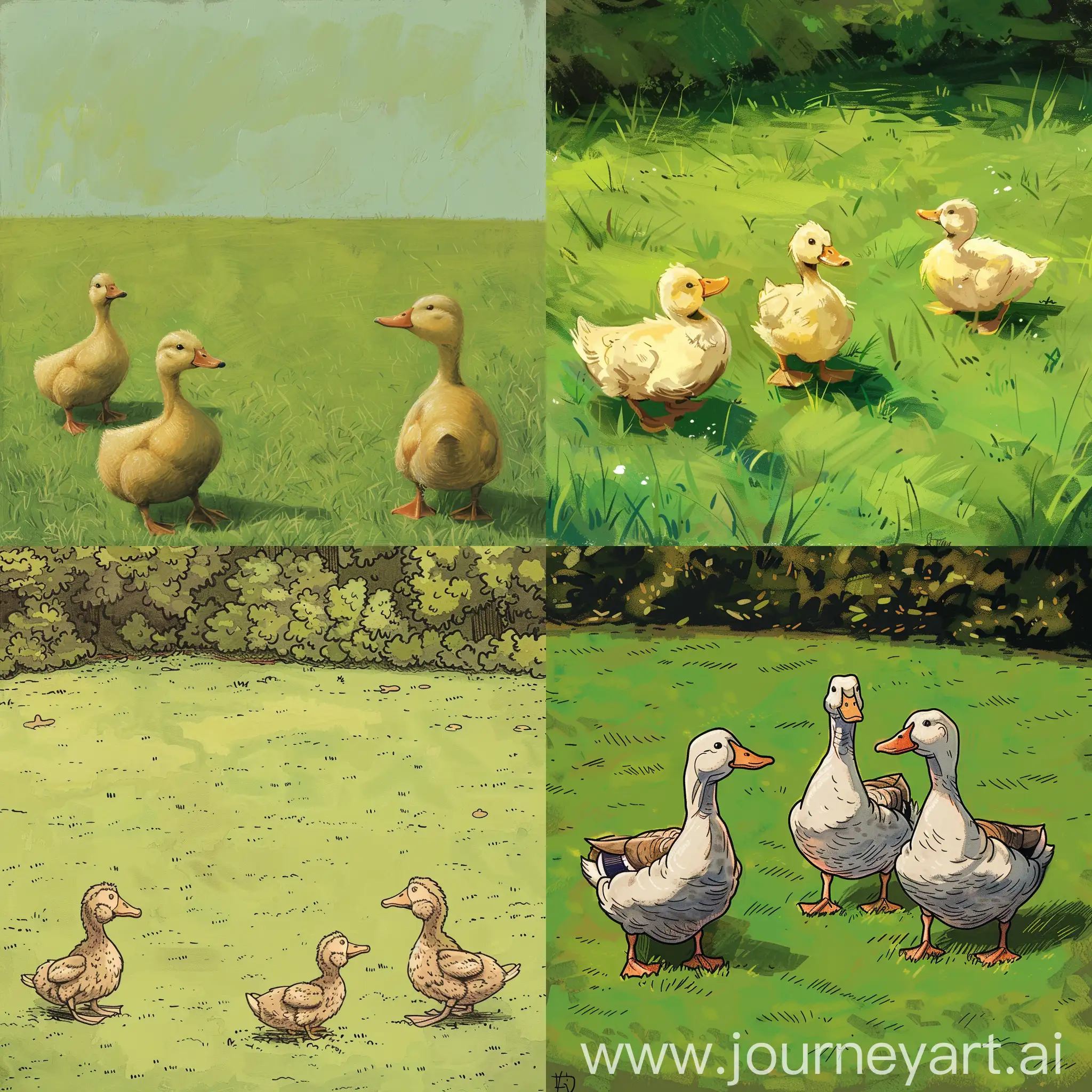 Three-Ducks-on-a-Vibrant-Green-Lawn-in-Miniature-Format
