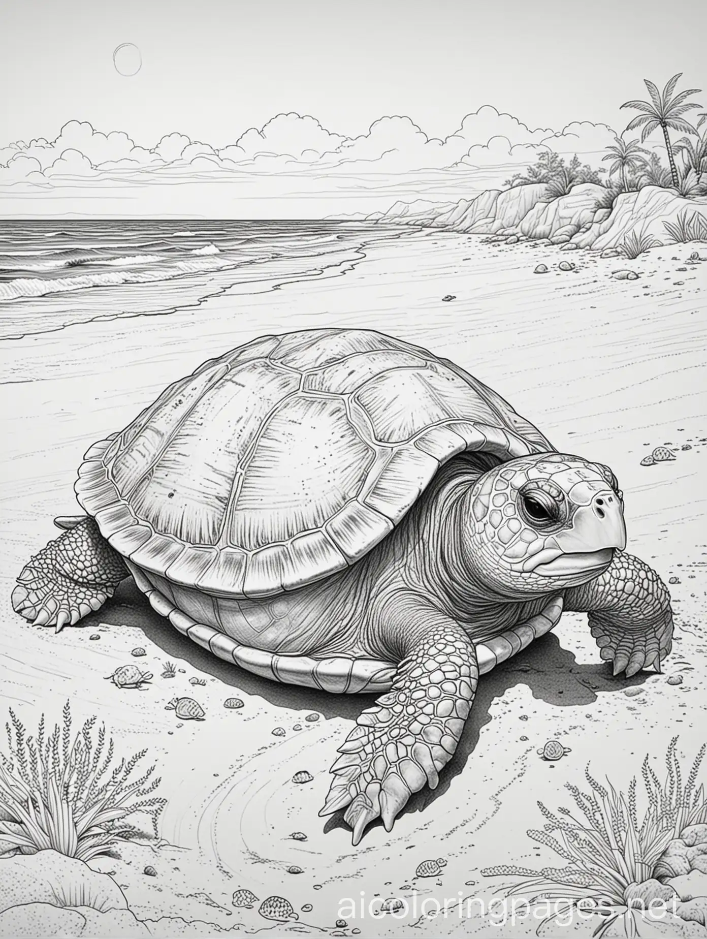 turtle laying on the beach in the sand not scary for coloring book children 5 and above, Coloring Page, black and white, white background, Simplicity, Ample White Space. The background of the coloring page is plain white to make it easy for young children to color within the lines. The outlines of all the subjects are easy to distinguish, making it simple for kids to color without too much difficulty, Coloring Page, black and white, line art, white background, Simplicity, Ample White Space. The background of the coloring page is plain white to make it easy for young children to color within the lines. The outlines of all the subjects are easy to distinguish, making it simple for kids to color without too much difficulty