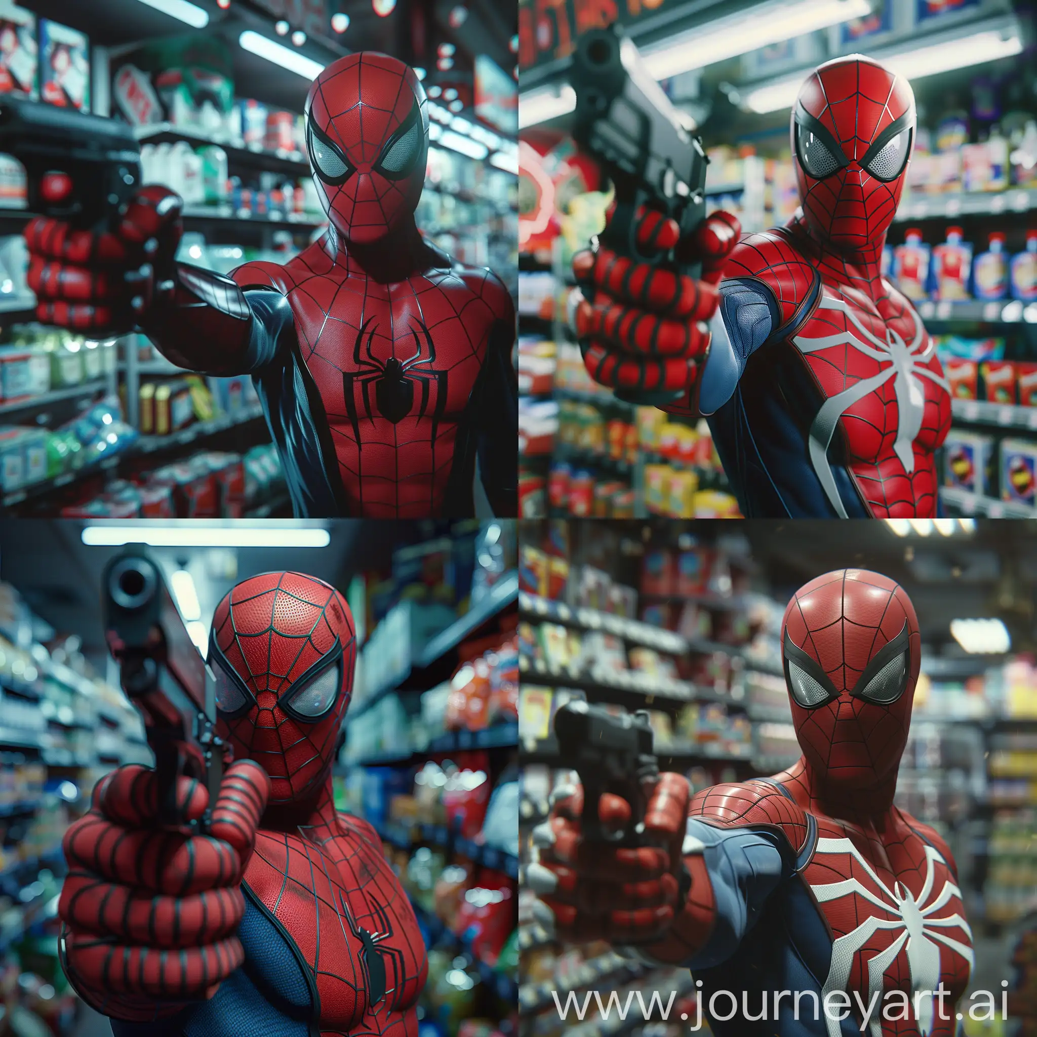 SpiderMan-Holding-Pistol-in-Store-at-Night-4K-Realistic-Scene
