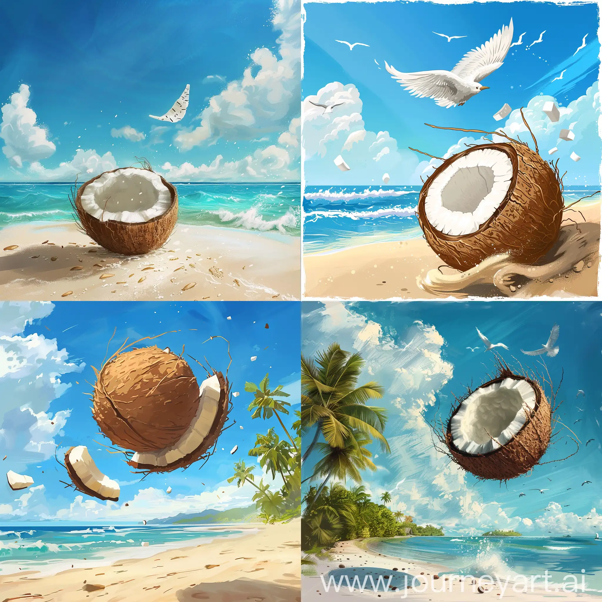 нарисуй кокос летающий по середине со счётчиком кликера на заднем фоне пляж