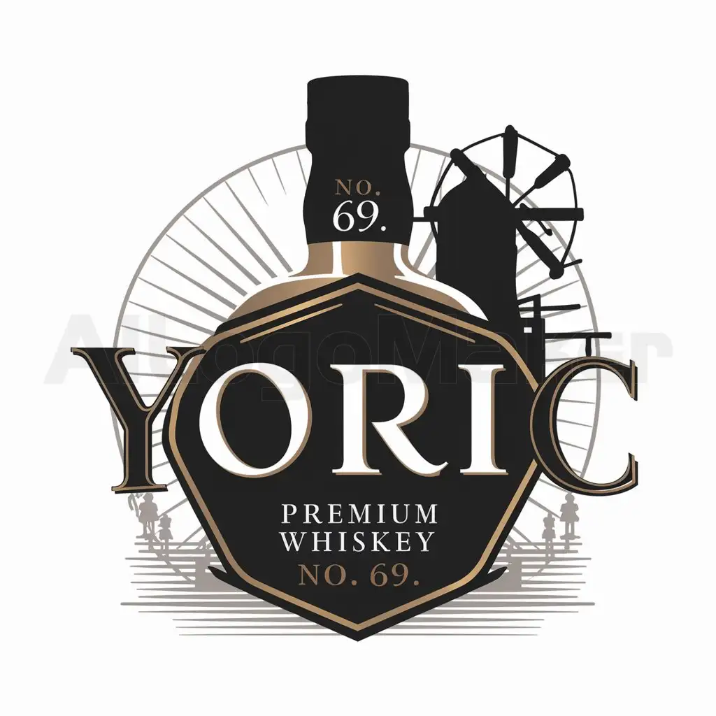 a logo design,with the text "YORIC", main symbol: A label for whiskey with an image of a bottle marked 'No. 69', and behind the bottle is a flour mill.,complex,clear background