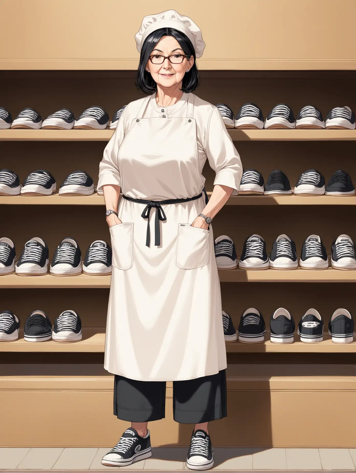 взрослая женщина лет 45, одежда пекаря, кроссовки, стоит, черные волосы