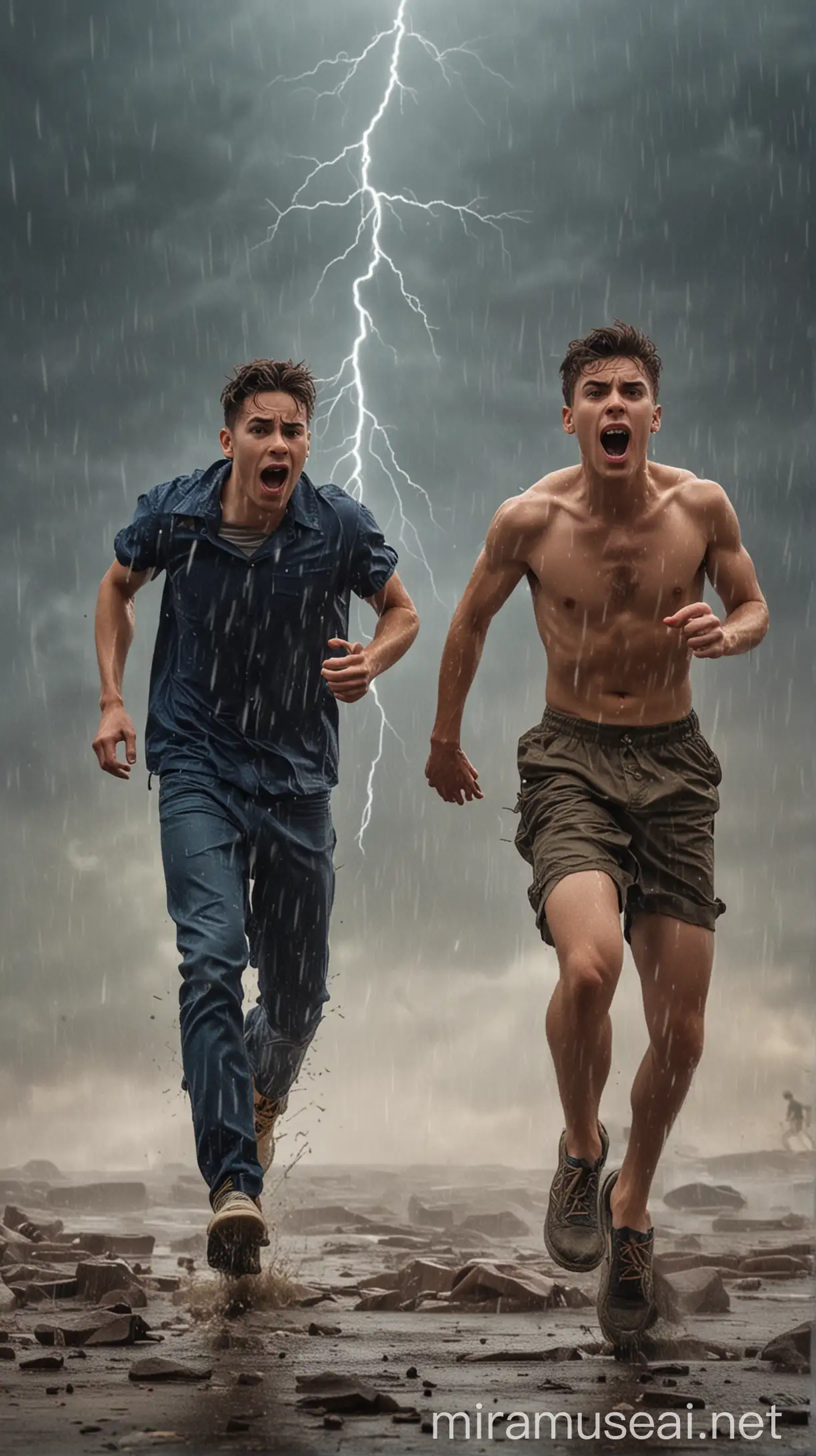 A young gay couple runs away from the storm and thunder in a panic