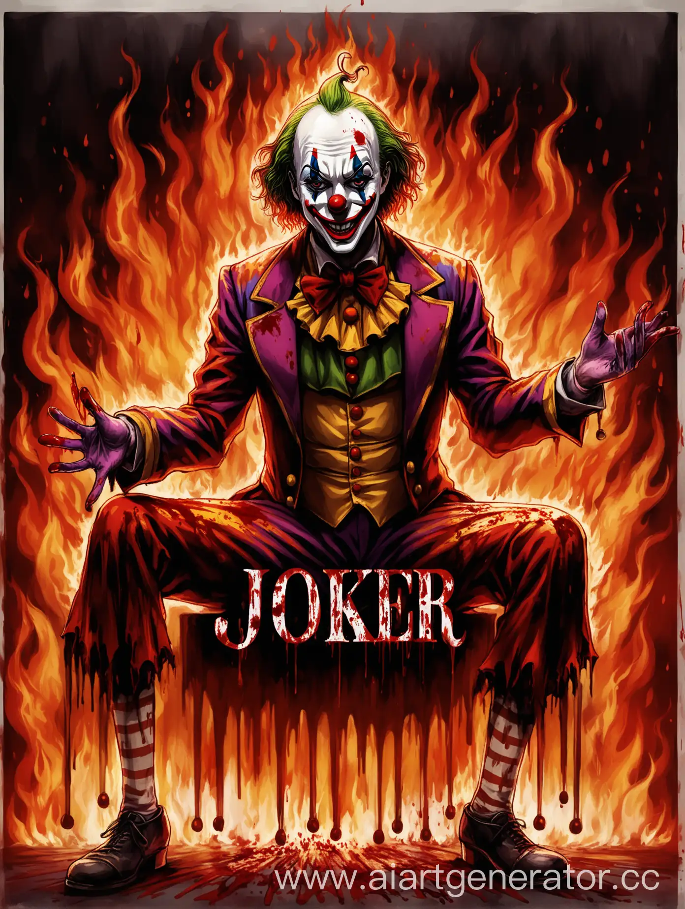 Клоун в крови выходящий из цирка в огне а над ним слово из крови Джокер