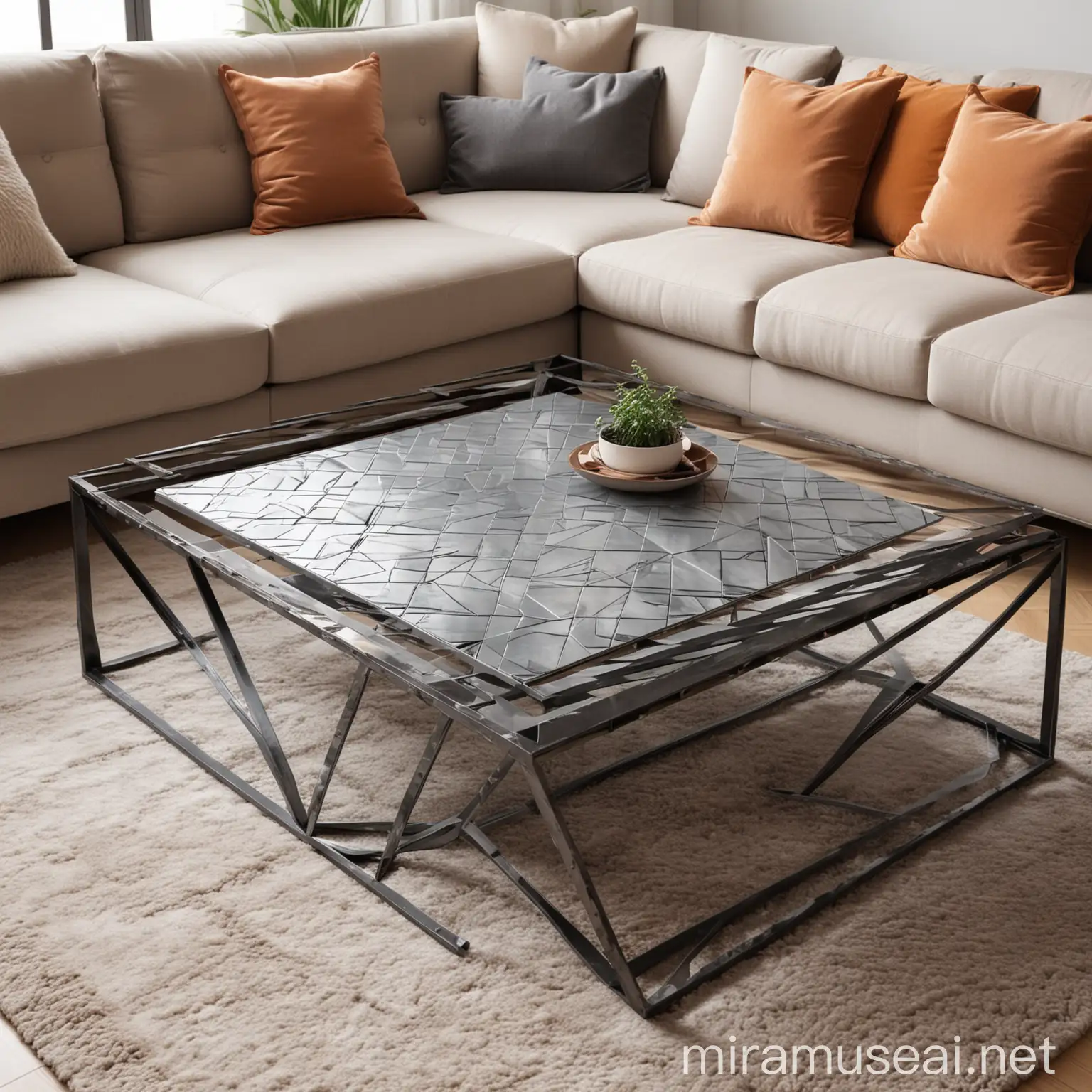 Futuristic Geometric Steel Sheet Coffee Table with Cozy Sofa Background