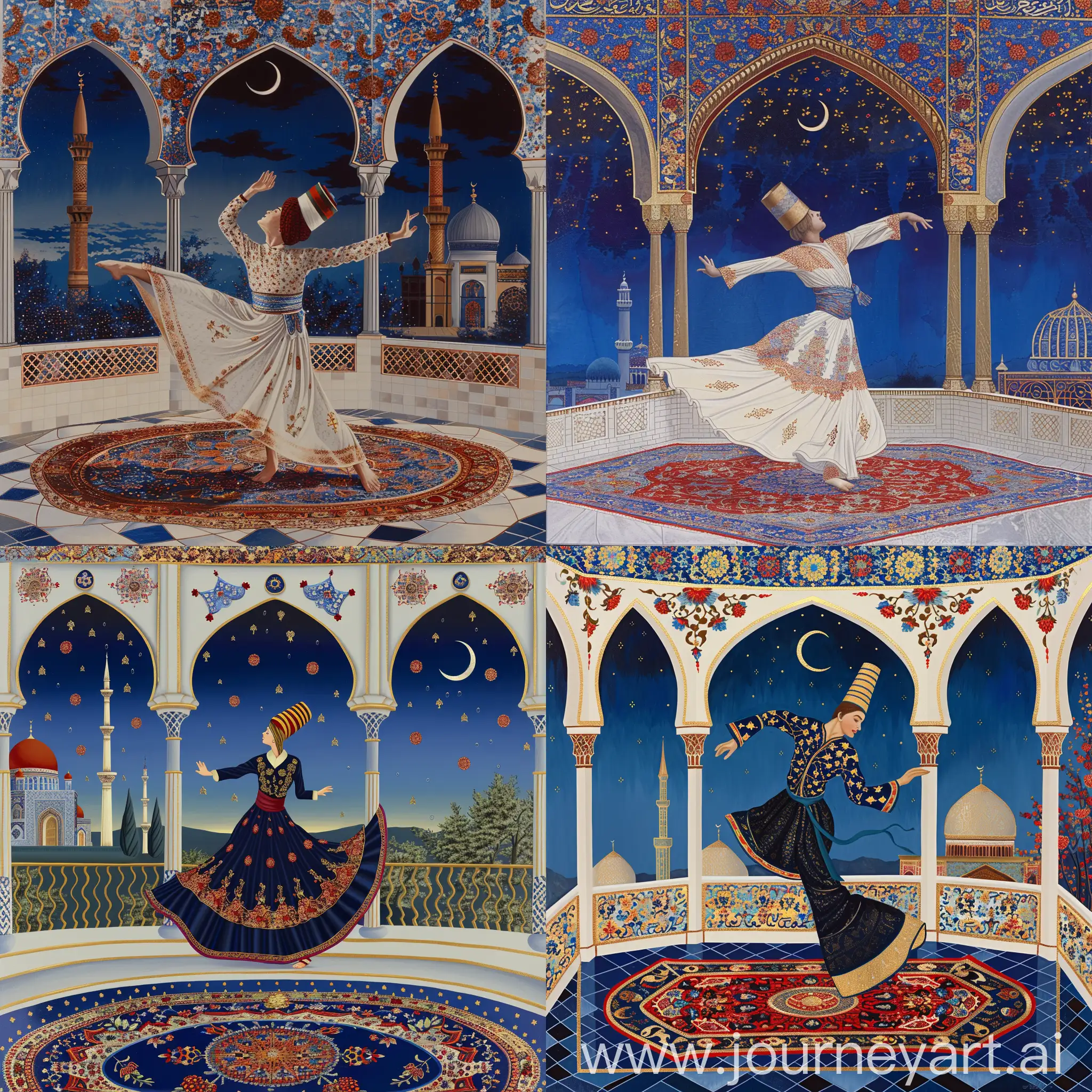 A young British dervish wearing cylindrical fez cap performing sufi whirling sema dance on a persian carpet, inside an octagonal balcony having three arches decorated with red blue gold persian floral motifs, serene night sky with a crescent, view of Persian tiled mosque, White blue red golden composition --q 1 --sref <https://shorturl.at/8HVyW> --sw 999 --style raw --s 999 --ar 2:3 --v 6