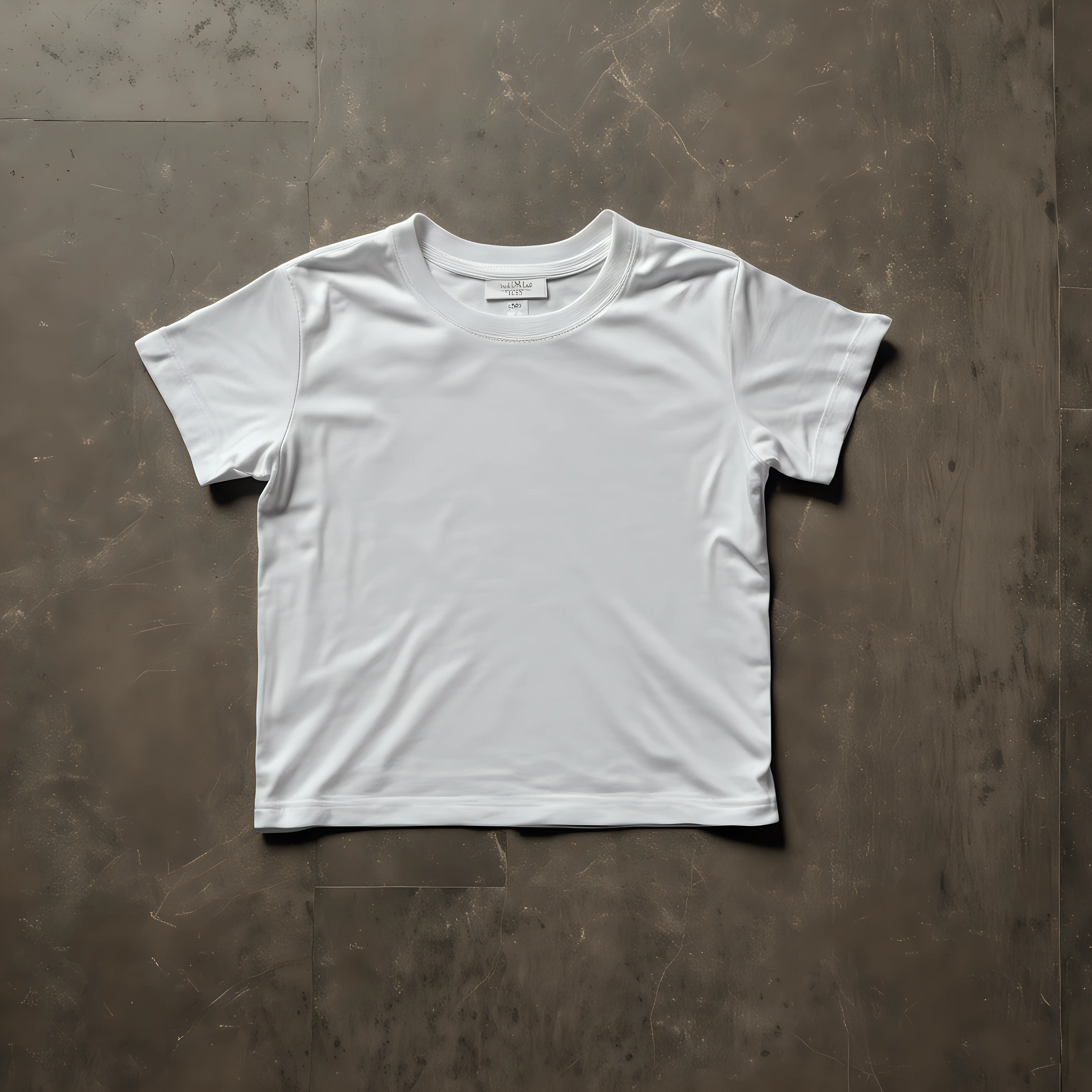 hyper realistic ironed simmetrical proportional white slim toddler tshirt no wrinkles, lied on floor seen from above with solid dark contrasting background textured 
floor