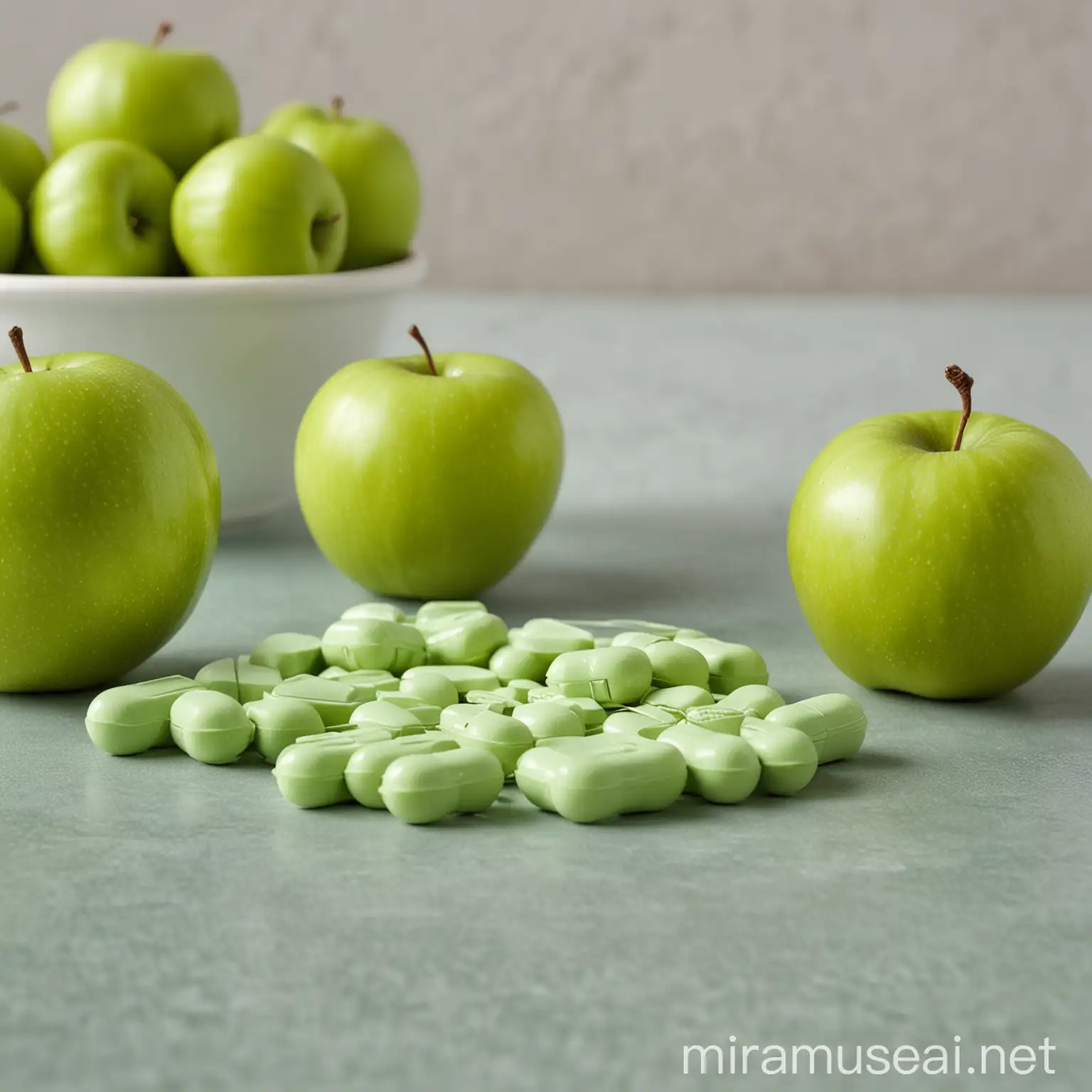 Green pharmaceutical tablets sitting in front of some green apples
