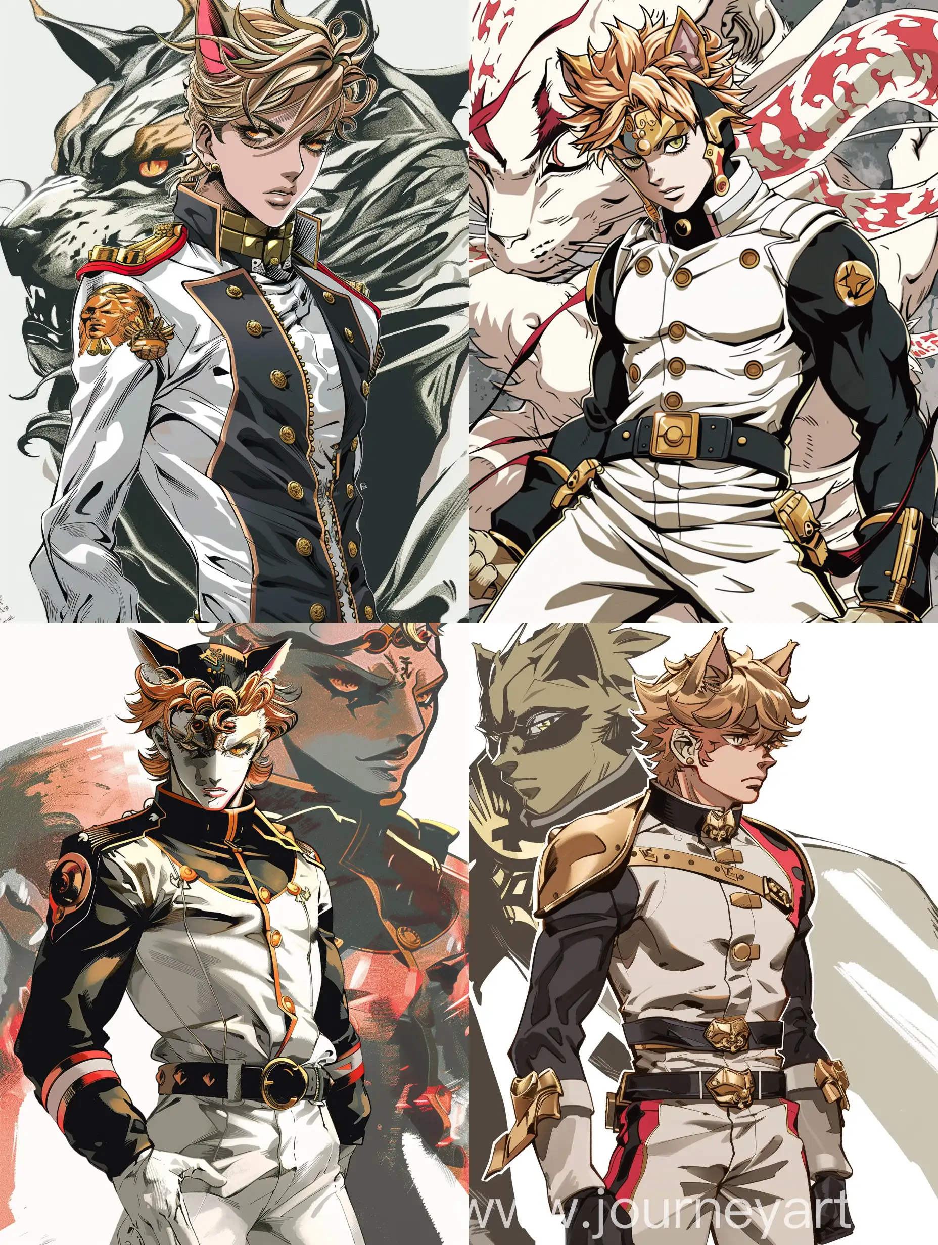 A character in the Jojo's Bizarre Adventures style, depicting a catboy with light brown hair, cat ears, and golden eyes. The character wears a detailed military-style white and black uniform with red and gold accents. The character's pose is dynamic, with bold lines, dramatic shading, and expressive facial features typical of Jojo's Bizarre Adventures. Behind the character is a Stand, resembling Star Platinum, but with a similar appearance to the character in a reversible color palette and slightly more muscular with a bare torso. The background is minimalistic to emphasize the characters, and the image is highly detailed and vibrant.