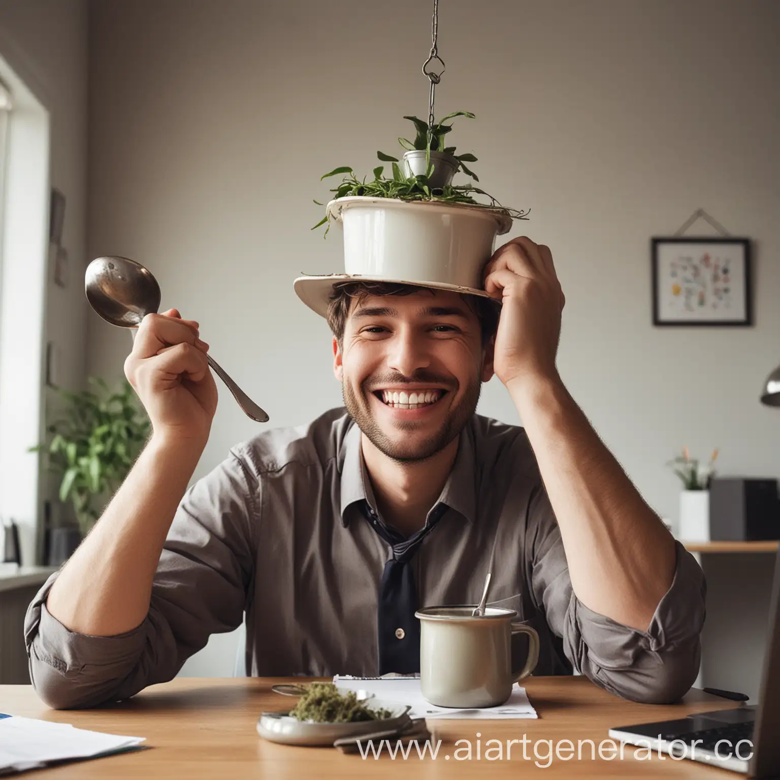 Playful-Office-Man-with-UpsideDown-Pot-Hat-and-Spoon