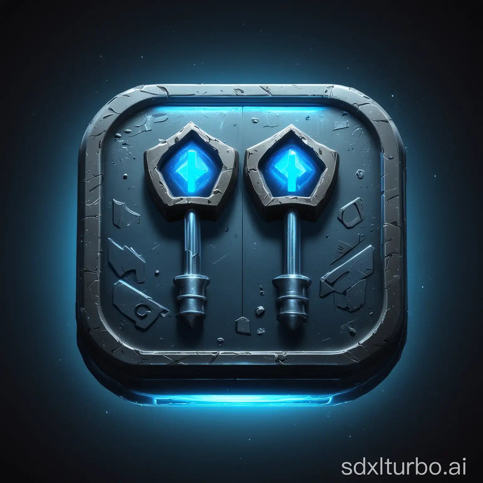  a detailed icon button with 2 shovels symbol, inclined to left, GUI element for a space game, metalic look with blue glowing lights