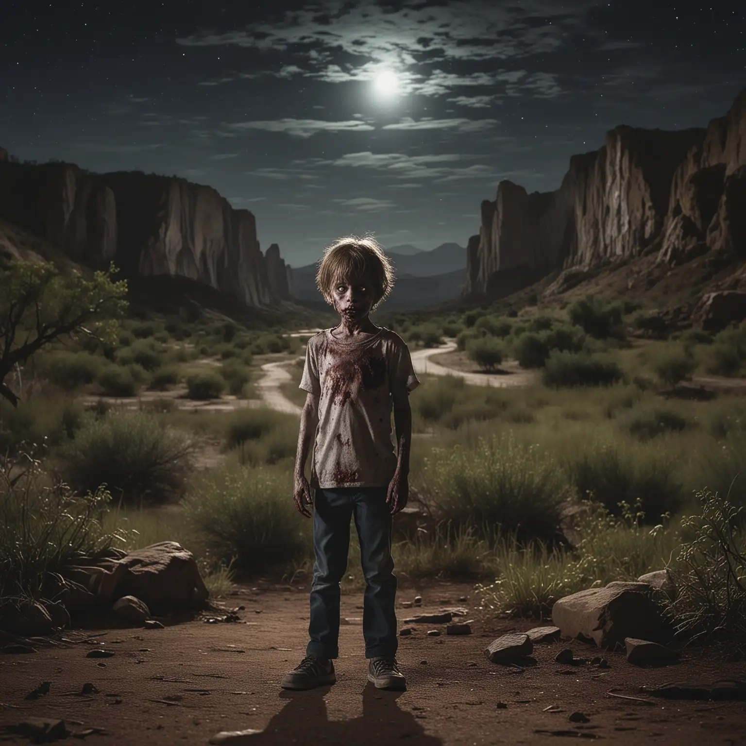 A zombie child, he are standing in the distance, the background is an American national park at night.