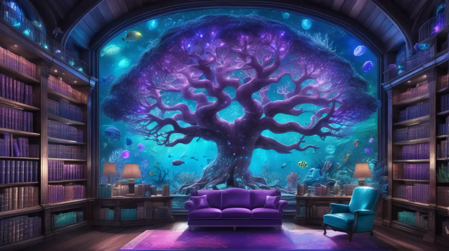 Underwater Library with Majestic Tree and Magical Potions